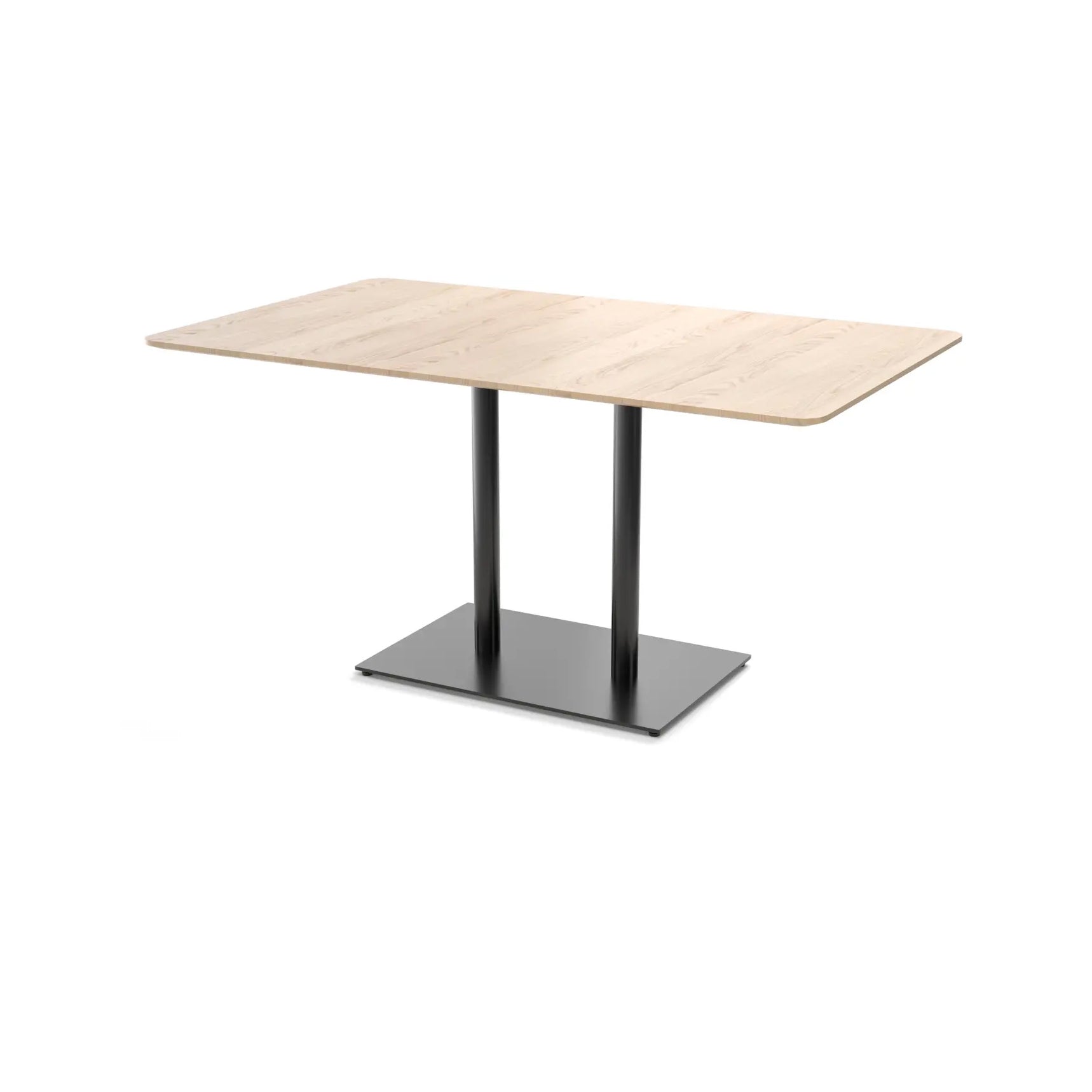 The Easy Bistro Table by TON combines a rectangular wooden top with a light finish and sleek, double metal black pedestal base. Its modern bistro and bar height design stands out elegantly against a plain white background.
