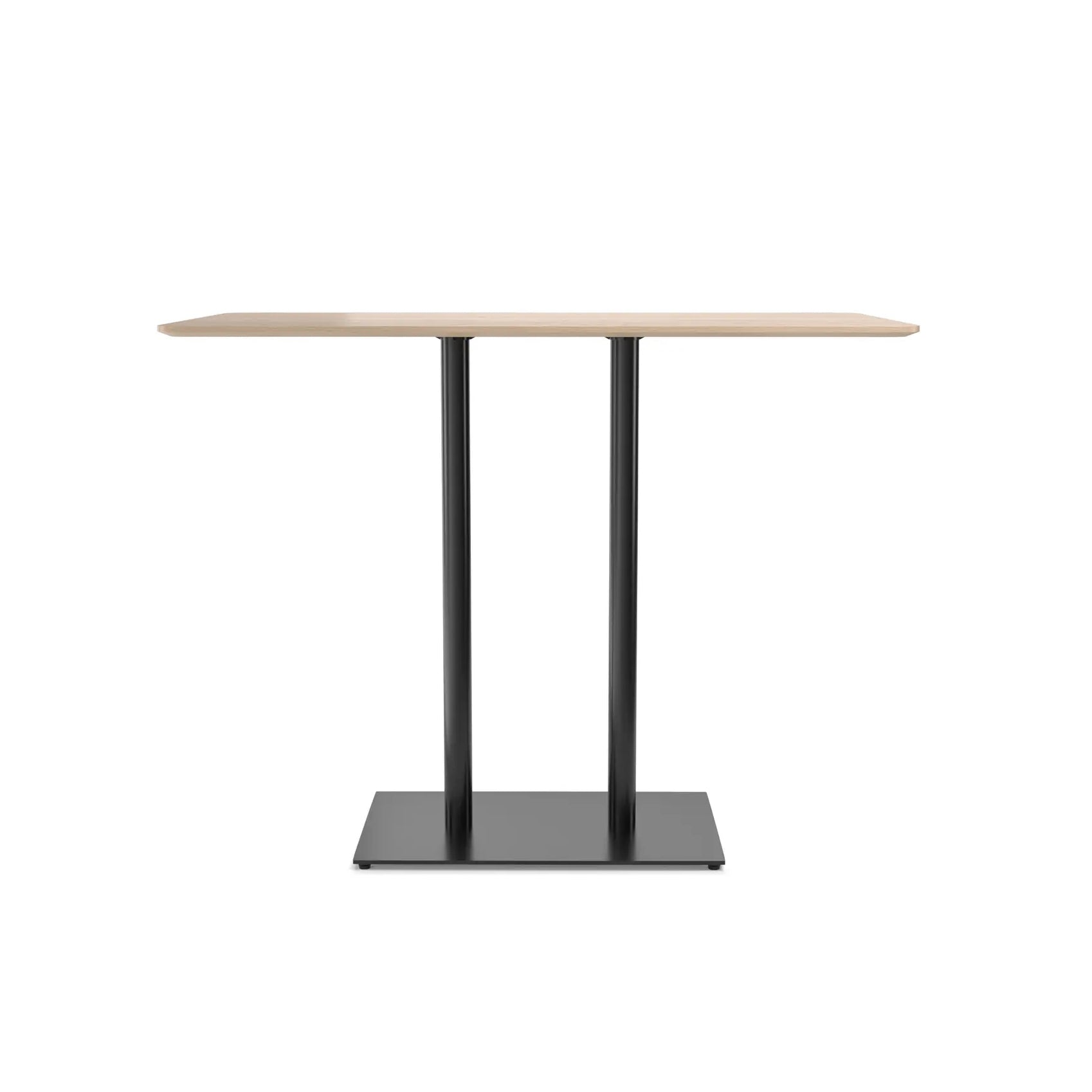 The TON Easy Bar Table with 2 Posts is a modern, rectangular pedestal table featuring a light wood top and two black metal legs on a sleek base, ideal for bistro or bar-height settings, shown against a crisp white background.