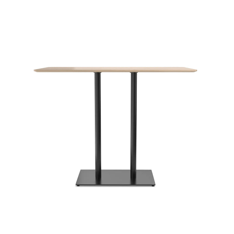 The TON Easy Bar Table with 2 Posts is a modern, rectangular pedestal table featuring a light wood top and two black metal legs on a sleek base, ideal for bistro or bar-height settings, shown against a crisp white background.