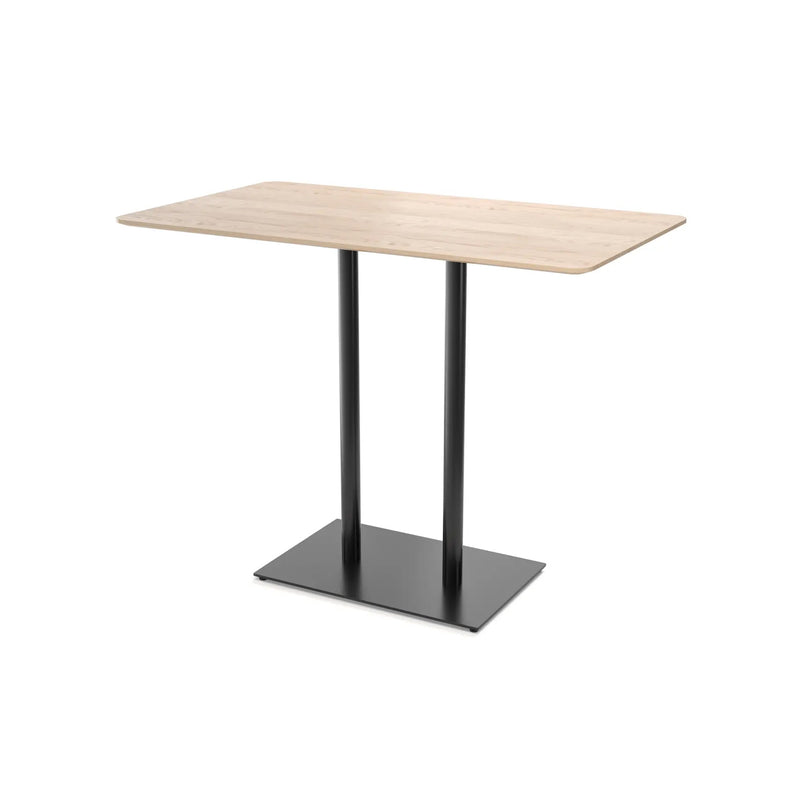 The TON Easy Bar Table with 2 Posts features a sleek rectangular design, light wood top, and black metal legs on a black base, set against a white background. Its an ideal modern bistro or bar height table for stylish spaces.