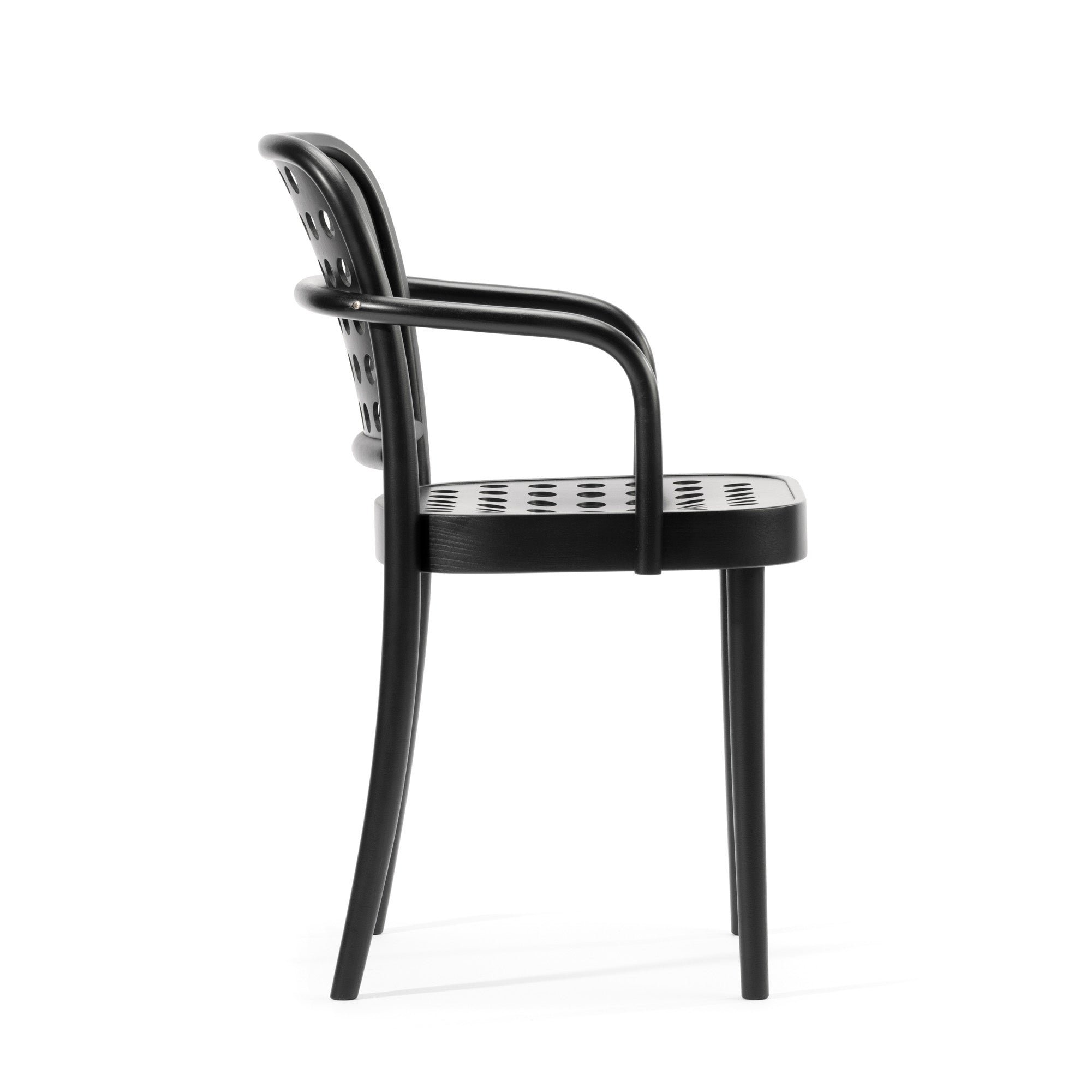Side view of the sleek black Armchair 822 by TON, designed by Claesson Koivisto Rune. Part of the TONDesigner seating collection, it features armrests and a perforated backrest and seat, embodying Scandinavian minimalism with its modern design and clean lines.