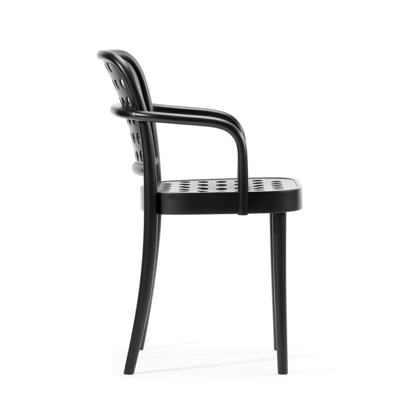 Side view of the sleek black Armchair 822 by TON, designed by Claesson Koivisto Rune. Part of the TONDesigner seating collection, it features armrests and a perforated backrest and seat, embodying Scandinavian minimalism with its modern design and clean lines.