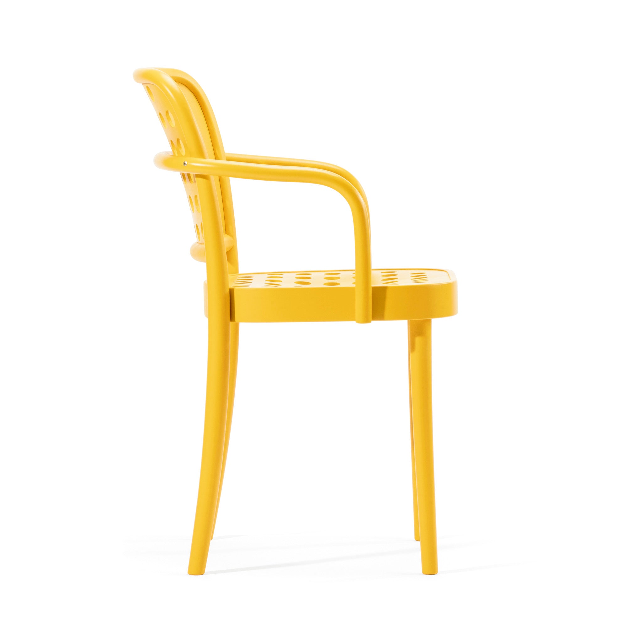 The Armchair 822 by TON showcases Scandinavian minimalism with its yellow perforated backrest and seat, complemented by smooth, rounded armrests. Its sleek design echoes Claesson Koivisto Runes aesthetic, elegantly presented from a side view.