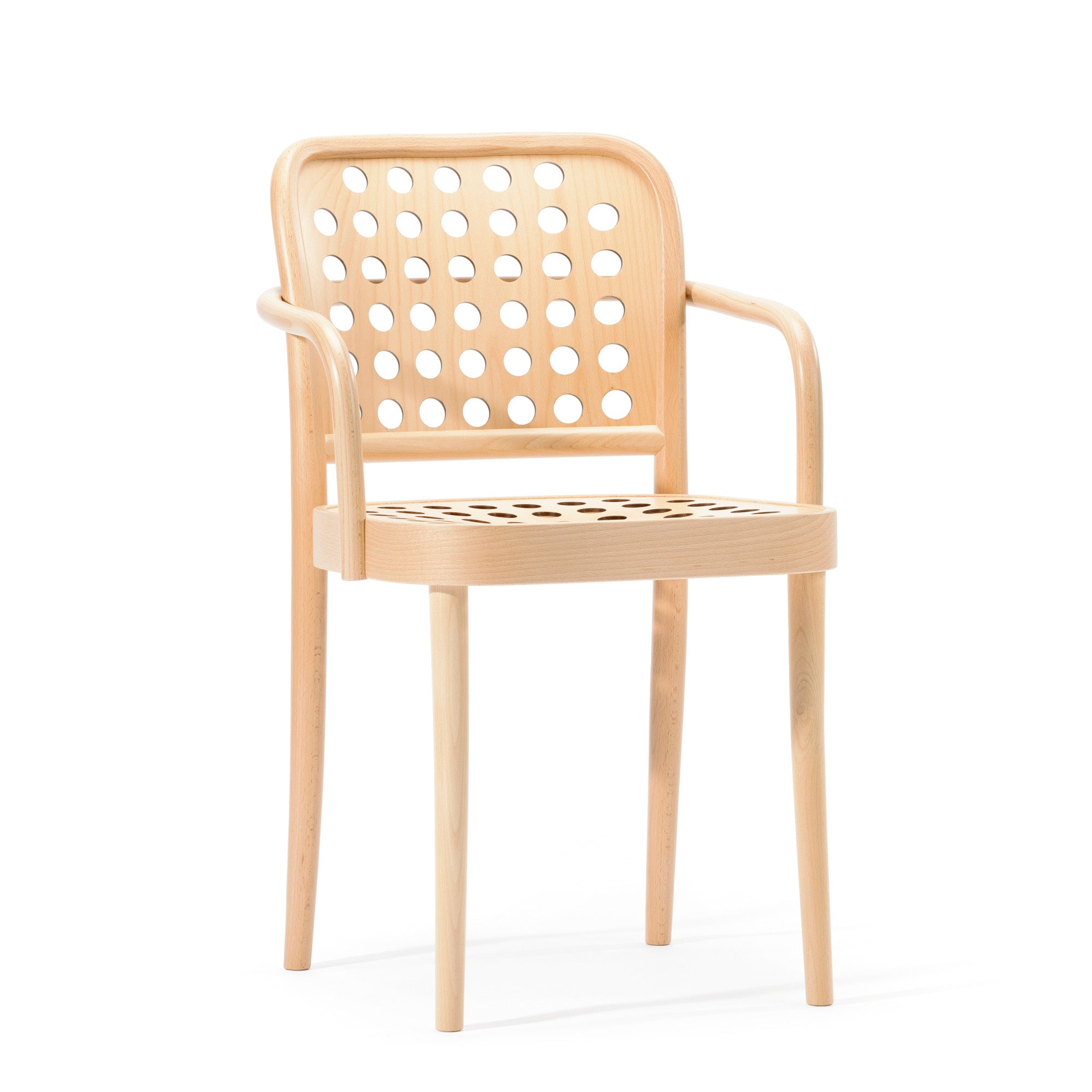 The Armchair 822 by TON features a light finish, perforated backrest and seat for ventilation, and armrests on four straight legs. It showcases Scandinavian minimalism with modern elegance reminiscent of Claesson Koivisto Runes design.
