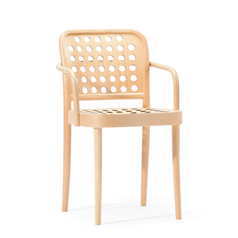 The Armchair 822 by TON features a light finish, perforated backrest and seat for ventilation, and armrests on four straight legs. It showcases Scandinavian minimalism with modern elegance reminiscent of Claesson Koivisto Runes design.