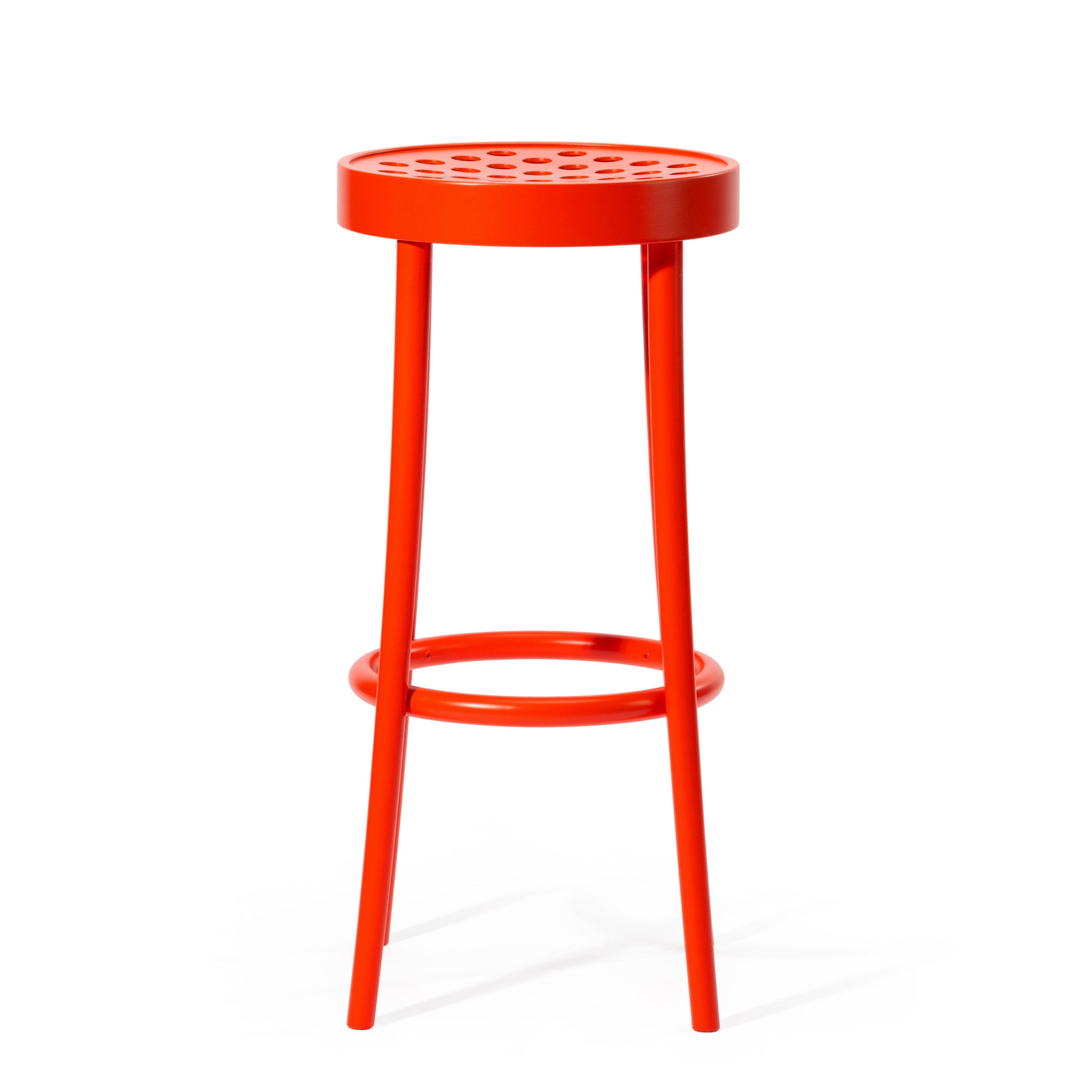Barstool 822 by TON is a bright orange stool with a round seat featuring a perforated pattern, supported by three slender legs and a circular footrest. Its Scandinavian minimalist design adds a sleek, modern touch to contemporary settings.