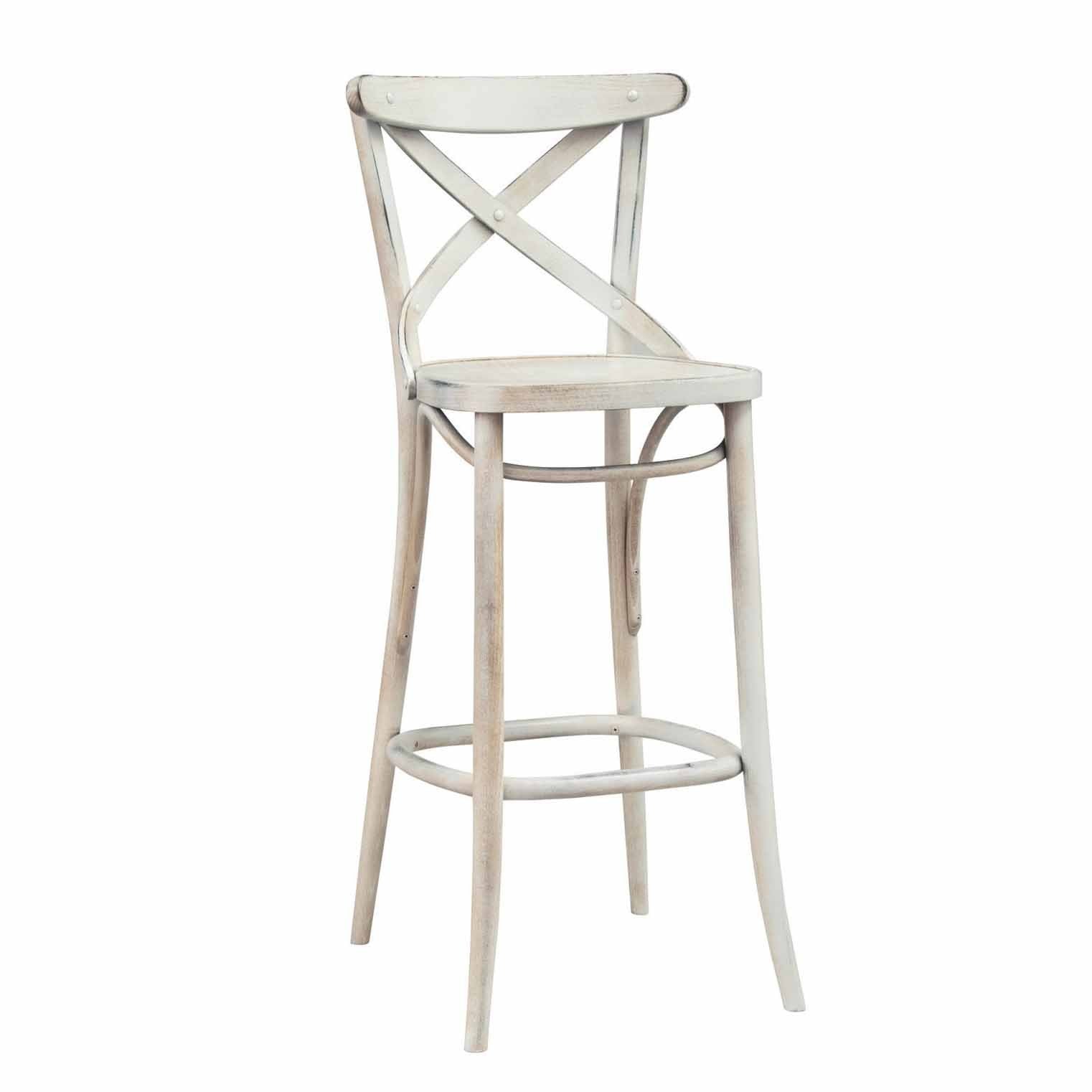 The TON Barstool 150, made of beech wood in antique white, features a rounded seat, high X-back, and footrests. It exudes rustic vintage charm, ideal for kitchens or bars.