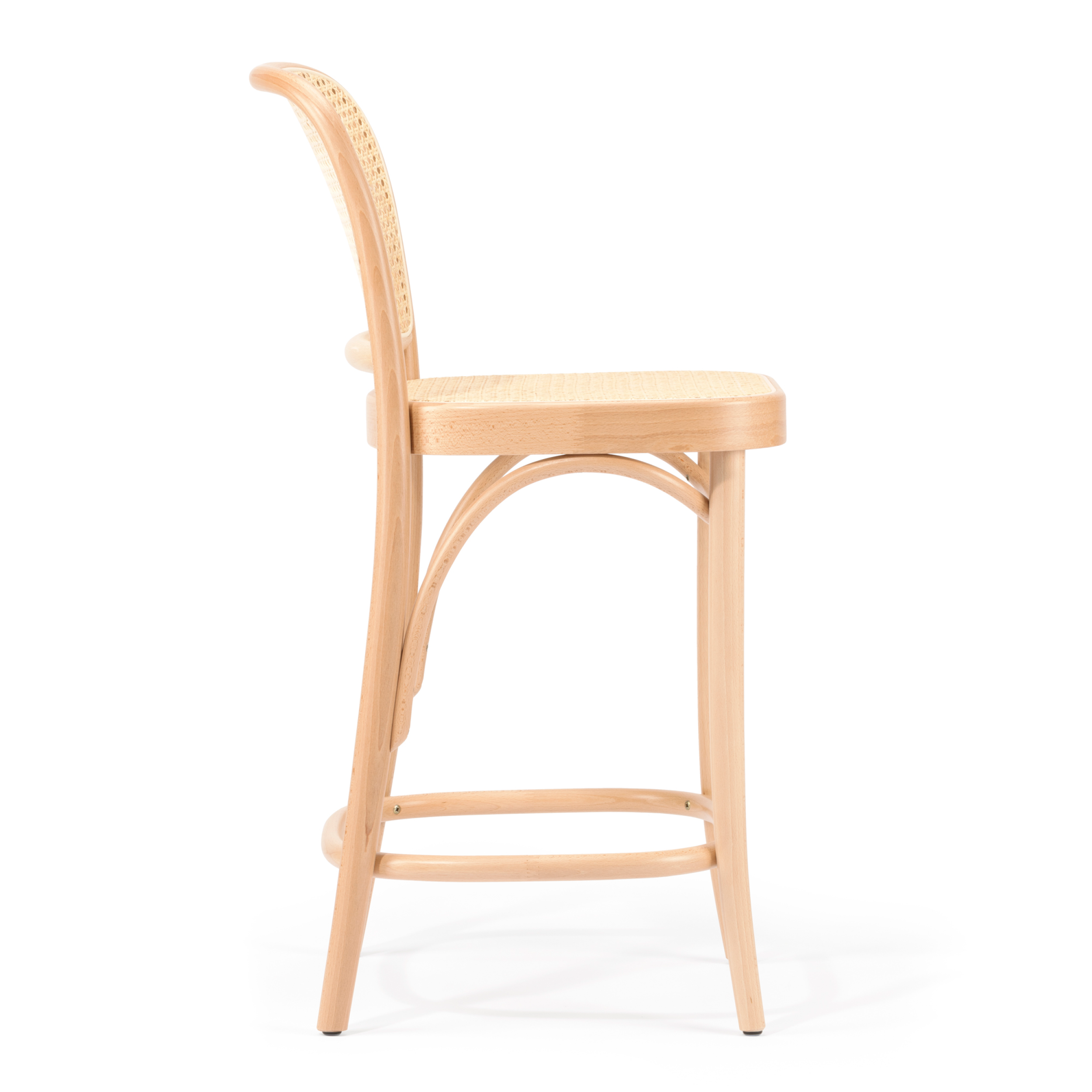 A side view of the Barstool 811 - Cane by TON showcases a curved backrest and woven cane seat, with rounded legs and crossbars for support, against a white backdrop.