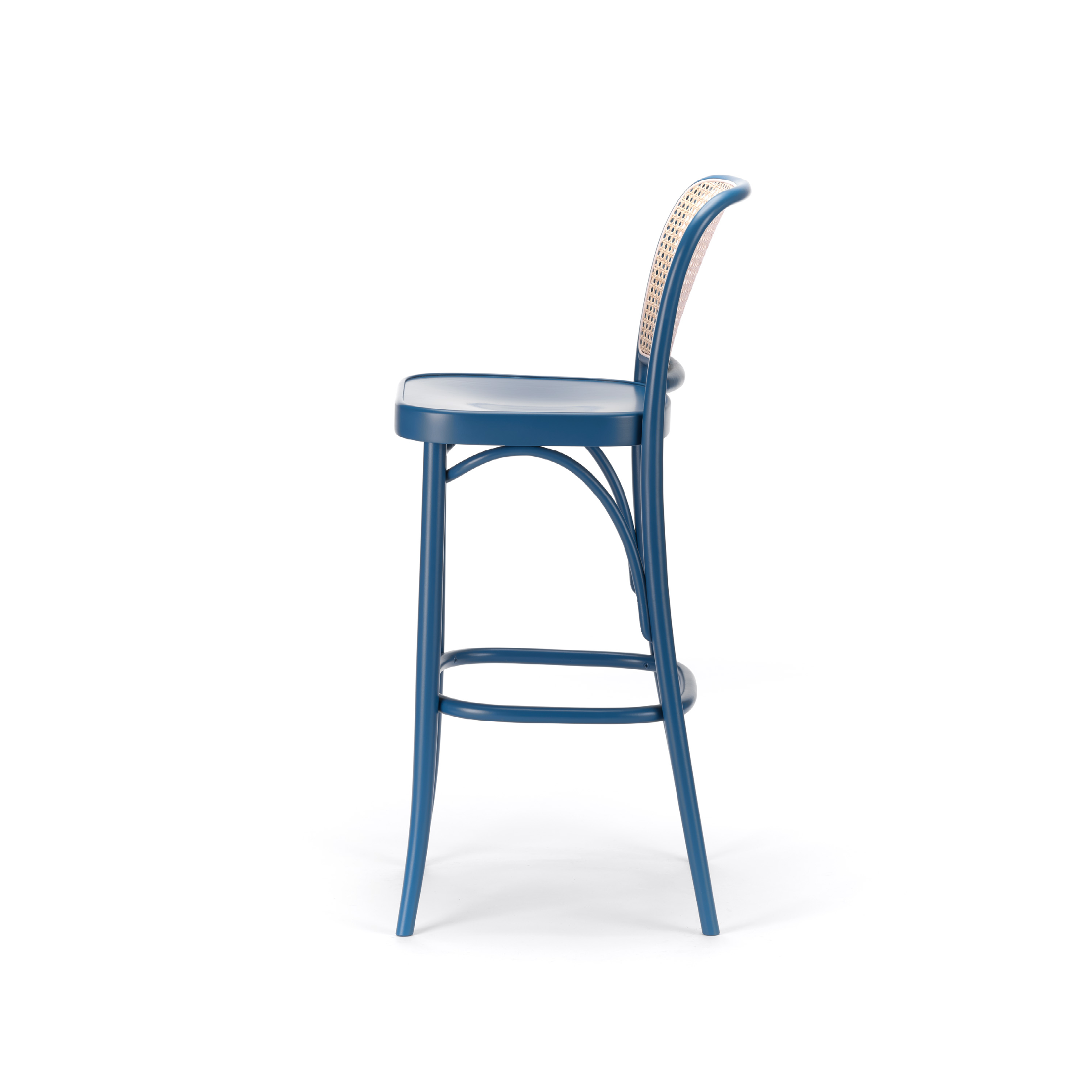 The Barstool 811 from TON features a side view in blue with a curved backrest and cane mesh details. Its round seat and footrest are supported by four slender legs crafted from bent beech wood for an elegant finish.