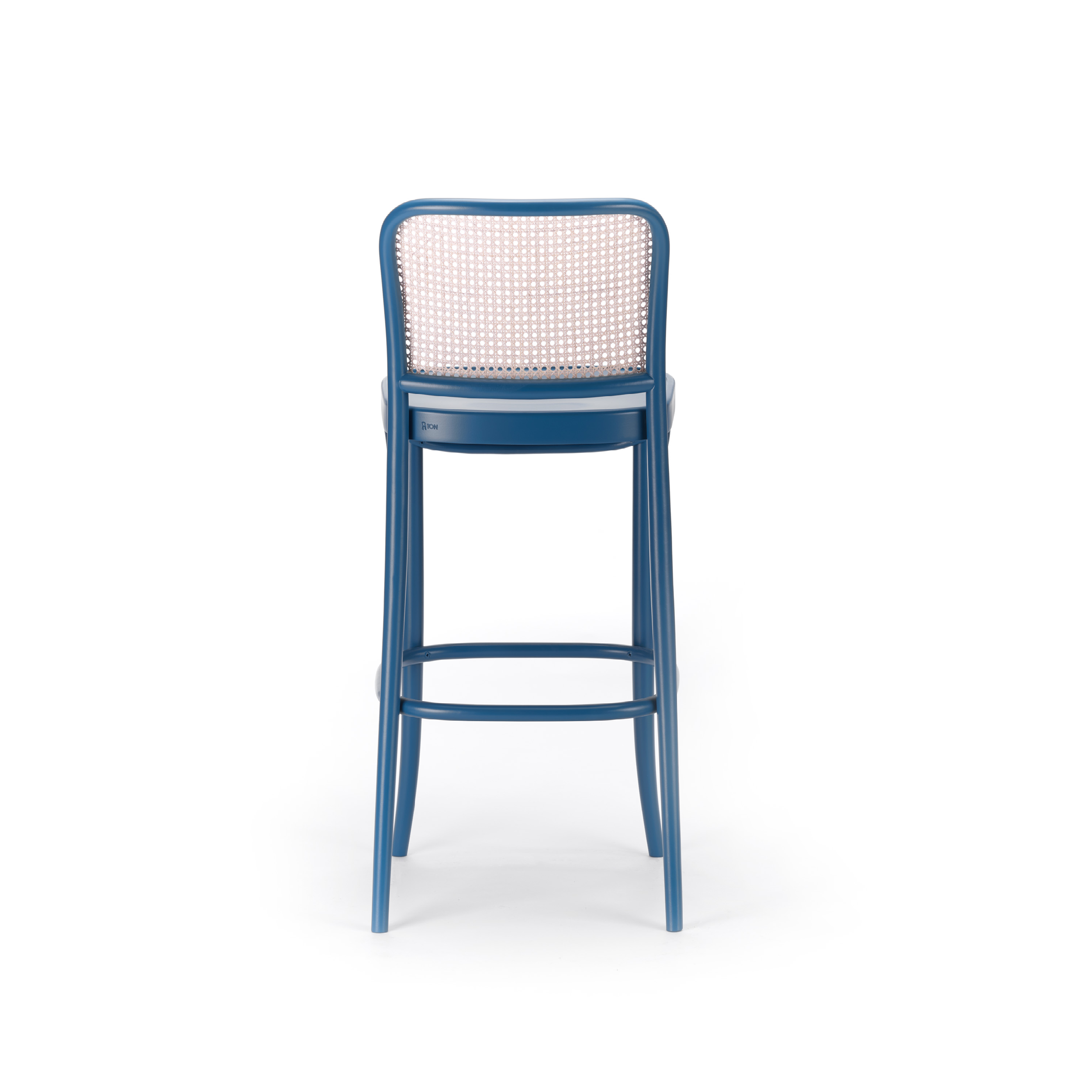 The Barstool 811 by TON features a sleek design with a bent beech wood frame, a woven backrest, rectangular back, and circular seat. Its blue finish highlights the intricate cane mesh texture and elegant legs from the rear.