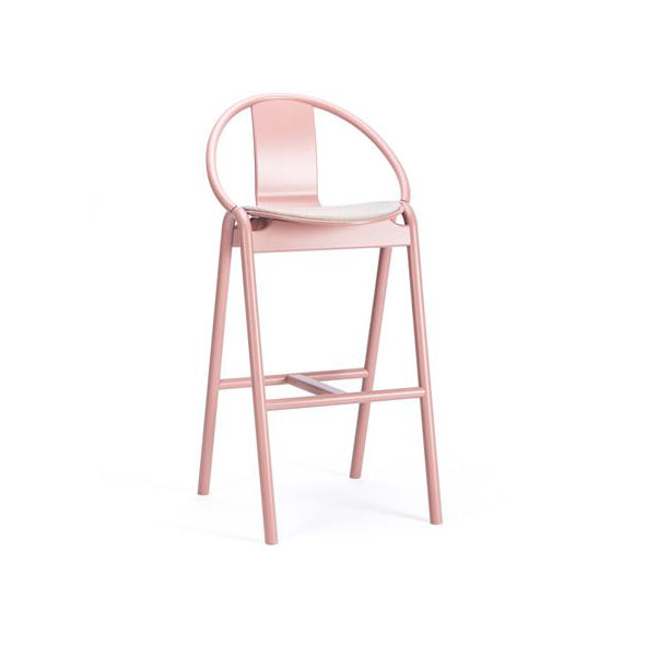 The pink Barstool Again Upholstered by TON features a high backrest, light-colored cushion, and handcrafted metal frame with footrest, embodying modern elegance against a white backdrop.