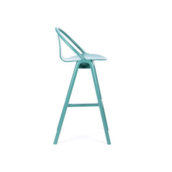 Side view of the Barstool Again by TON, showcasing a modern turquoise design with a contoured seat, backrest, and four angled bentwood legs for sleek elegance.