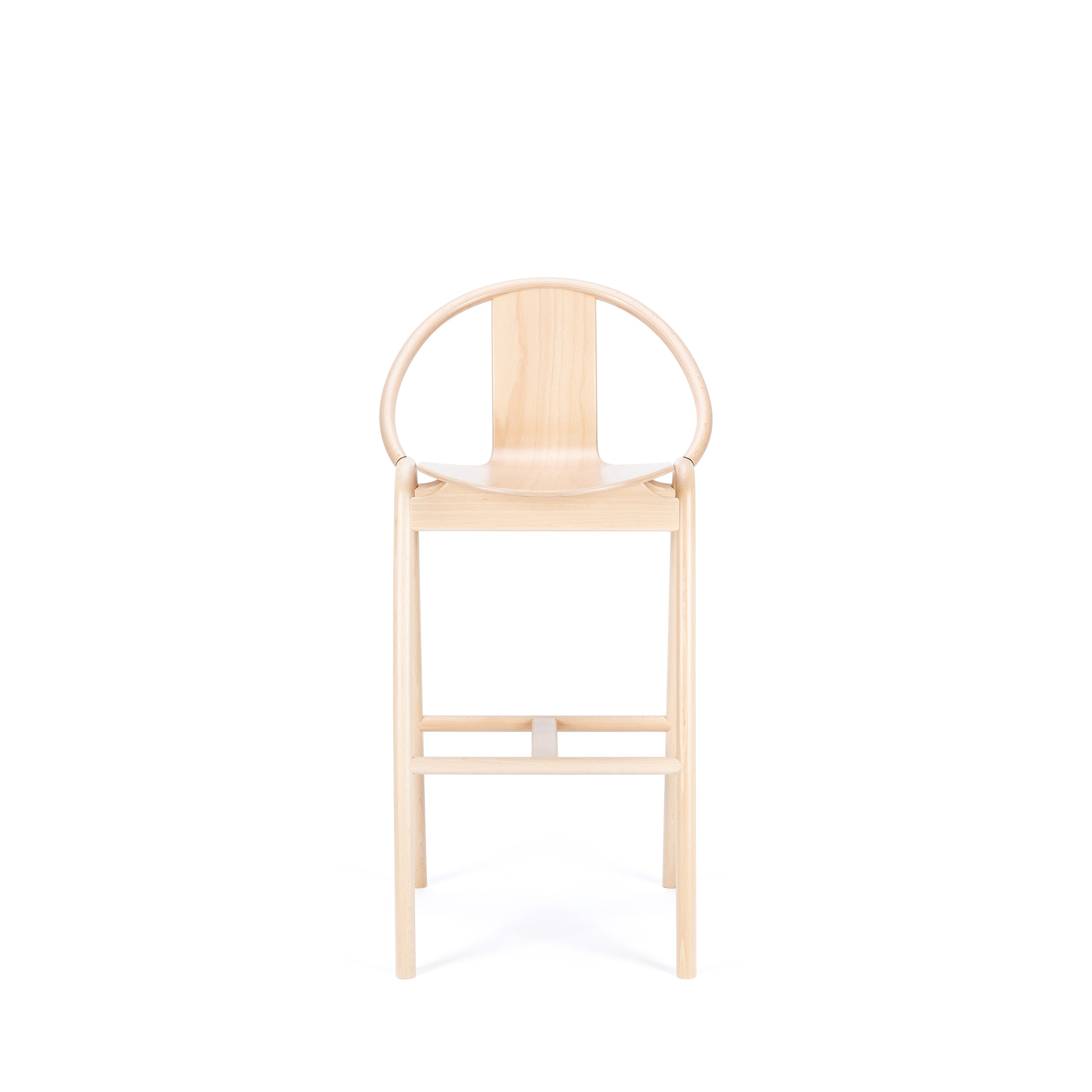 The Barstool Again by TON features a sleek bentwood design with a circular backrest, showcased against a plain white background. Its minimalist elegance is enhanced by multiple upholstery options to match any decor.