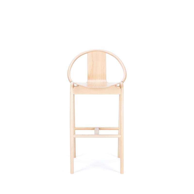 The Barstool Again by TON features a sleek bentwood design with a circular backrest, showcased against a plain white background. Its minimalist elegance is enhanced by multiple upholstery options to match any decor.