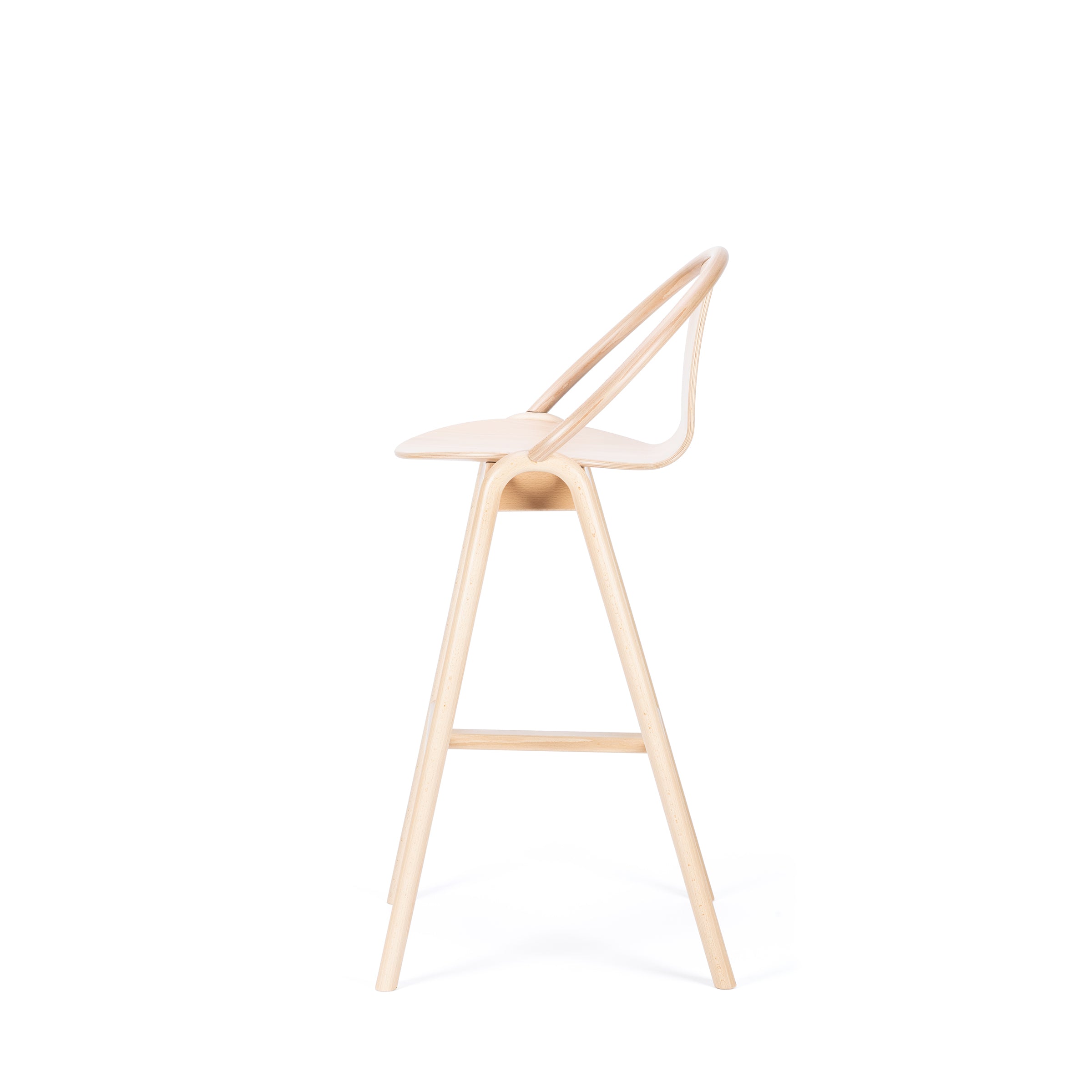 Side view of the TON Barstool Again, featuring a minimalist bentwood design with a curved backrest and three legs, set against a white background.