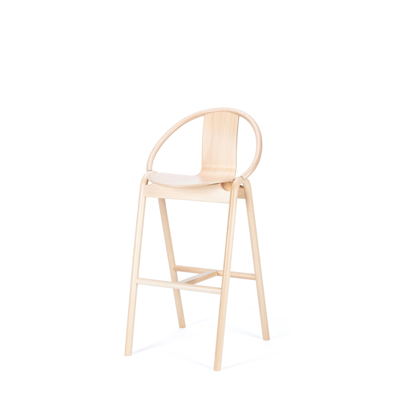 The Barstool Again by TON features a minimalist design with a modern light wood finish, a curved bentwood backrest, and four slender legs.