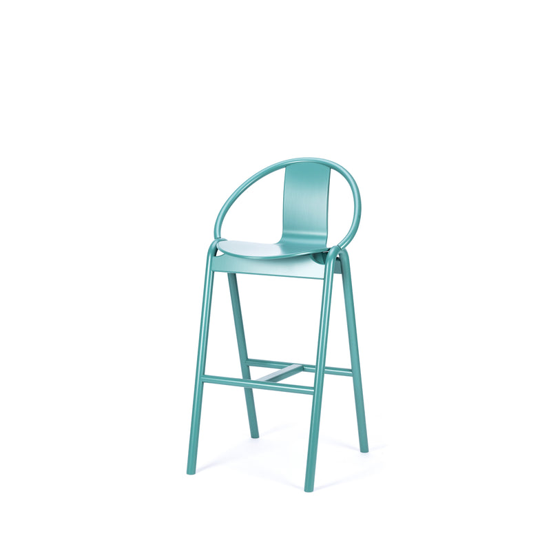 The Barstool Again by TON is a modern teal metal bar stool featuring a curved backrest and sleek structure, embodying bentwood craftsmanship elegance, set against a plain white background.