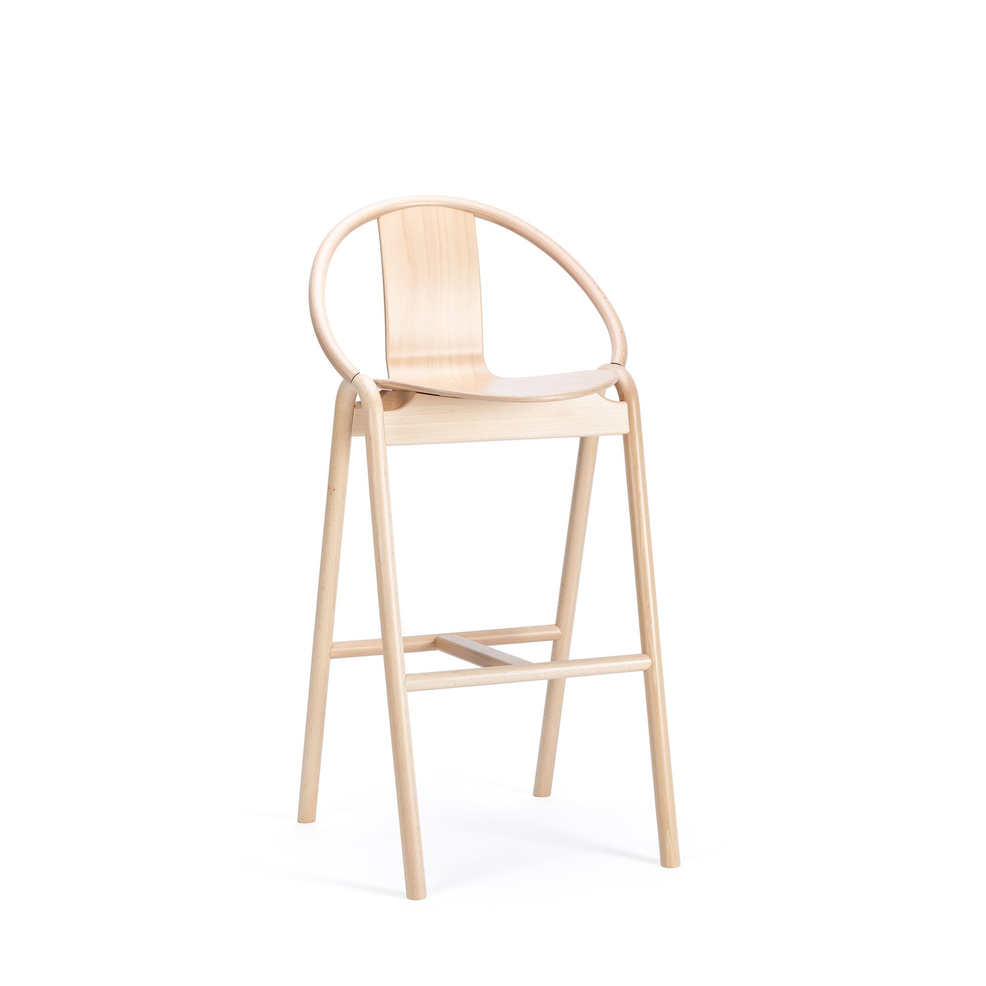 The Barstool Again by TON is a modern bentwood stool featuring a curved backrest and minimalist design. It has four legs, a footrest, sleek lines, and a natural finish.