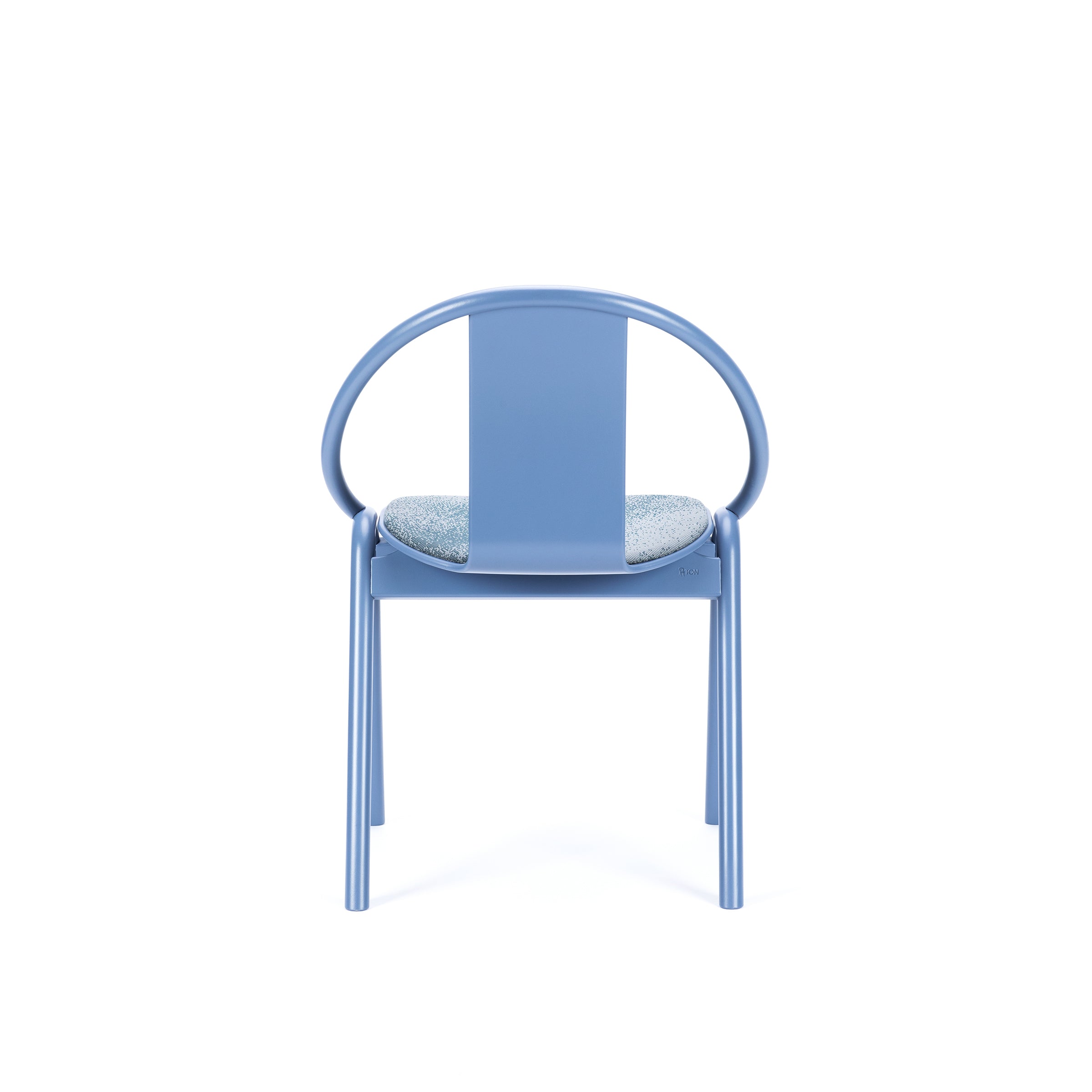 The Chair Again Upholstered by TON is a stackable dining chair with a light blue metal frame and round backrest. It features a speckled cushioned seat on four straight legs, set against a plain white background.