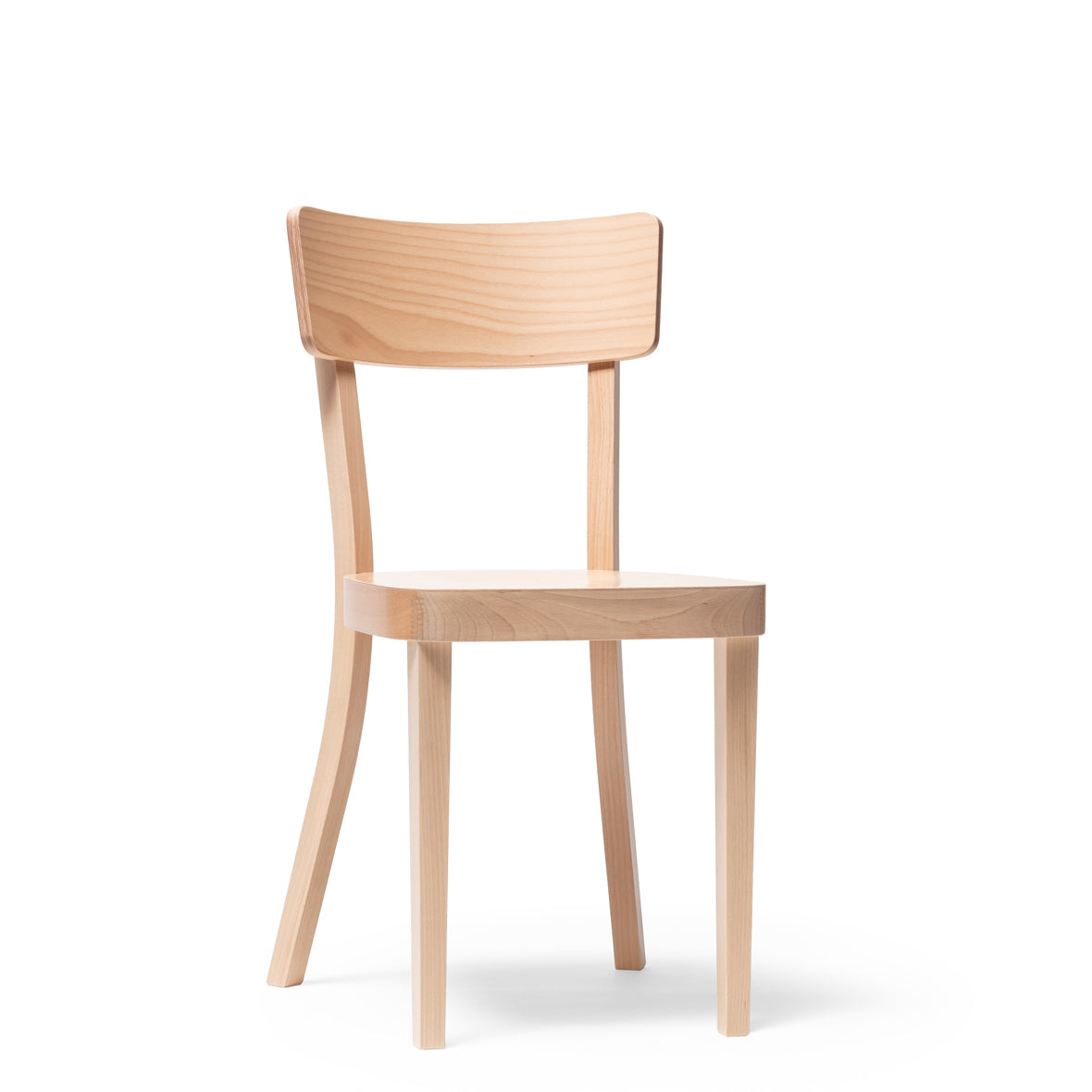 The Chair Ideal by TON is a perfect dining chair featuring a minimalist wooden design with a curved backrest, four straight legs, and an upholstered seat. Made from light-colored beech wood with a smooth finish, it stands elegantly against a plain white background.