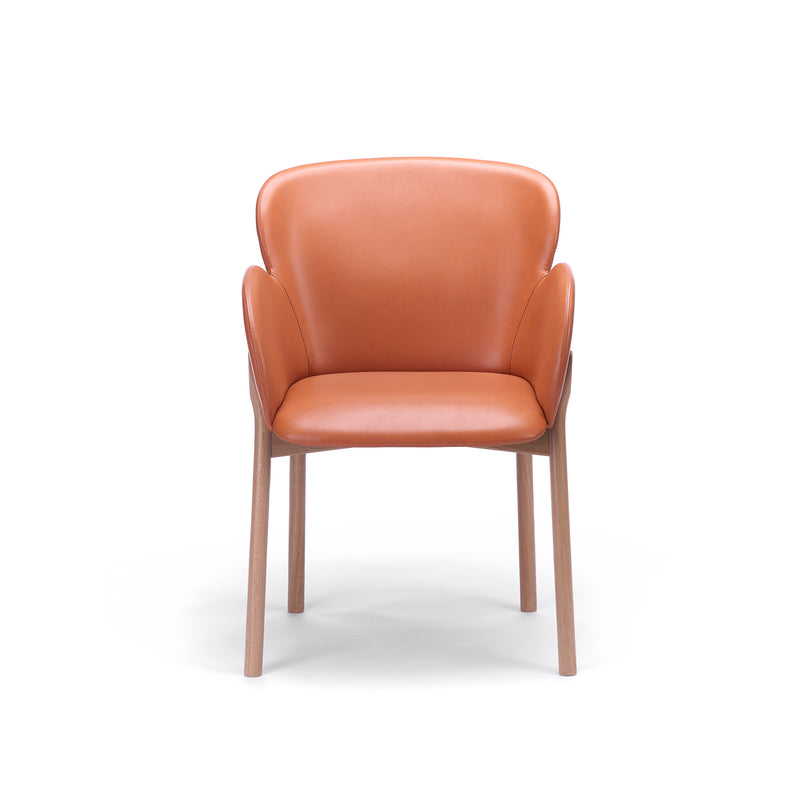The Armchair Ginger by TON features a modern design with a light brown leather seat and gracefully curved backrest. Utilizing the TON wood-bending technique, it stands on four wooden legs, exuding sleek minimalism against a plain white backdrop.