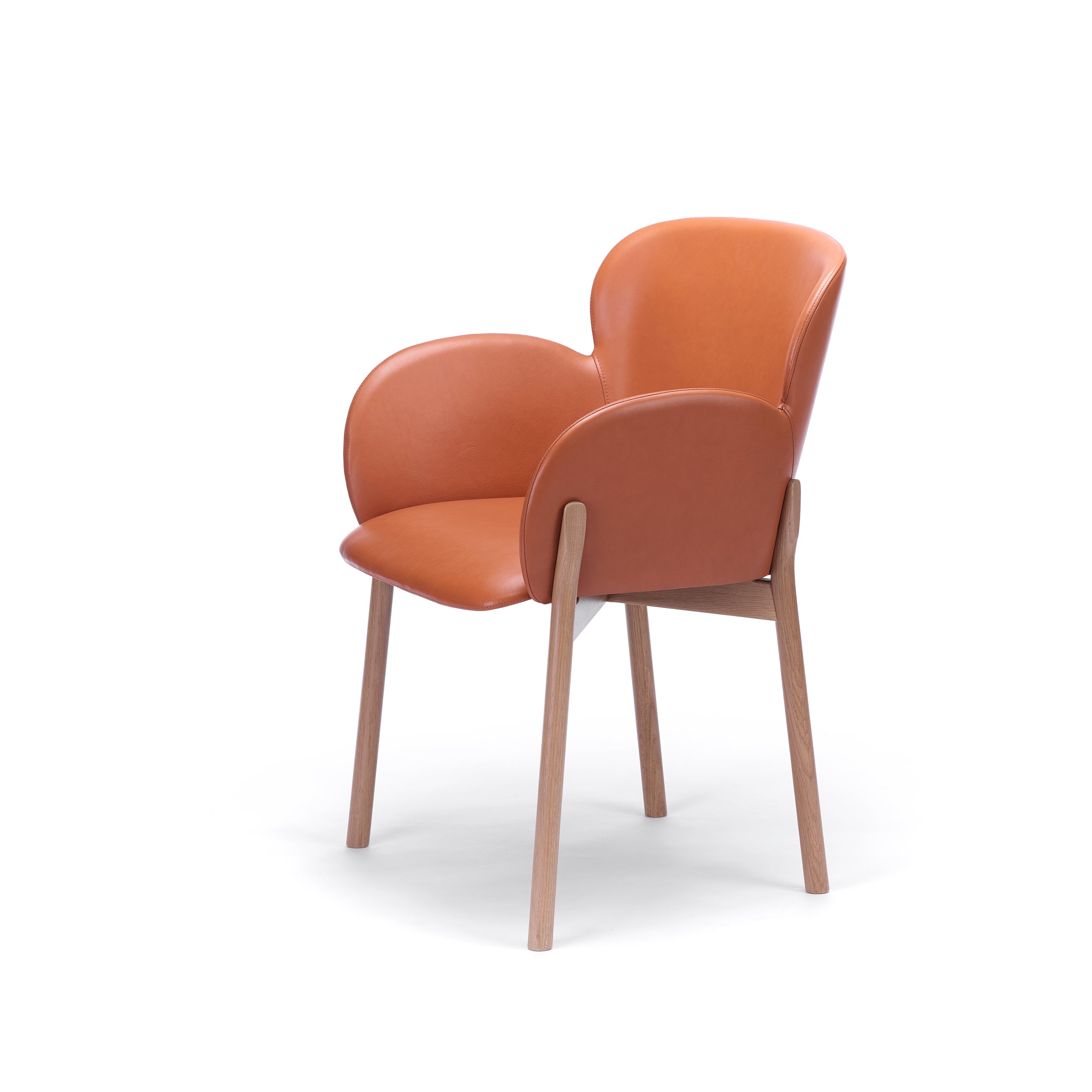 Meet the Armchair Ginger by TON, featuring a sleek modern design with smooth curved lines. It has a brown leather seat and backrest, light wooden legs and armrests, crafted with the TON wood-bending technique that stands out against a white background for a stylish look.