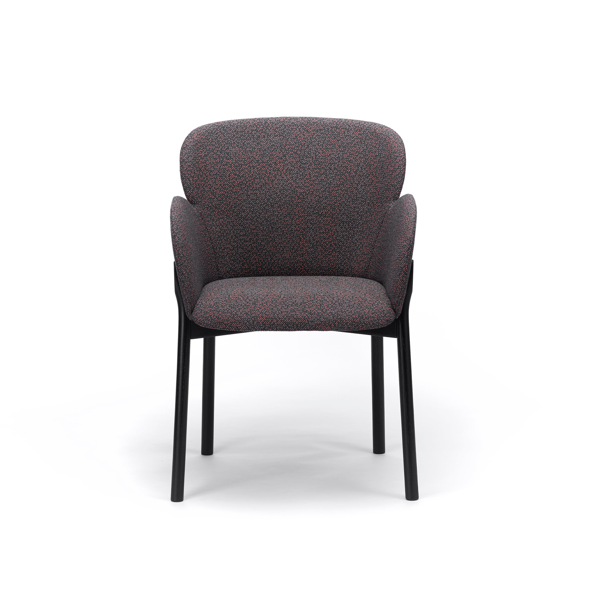 Front view of the Armchair Ginger by TON, highlighting contemporary design with a curved, padded backrest and textured fabric seat. It features four slender black legs for a minimalist, stylish look on a plain white background.
