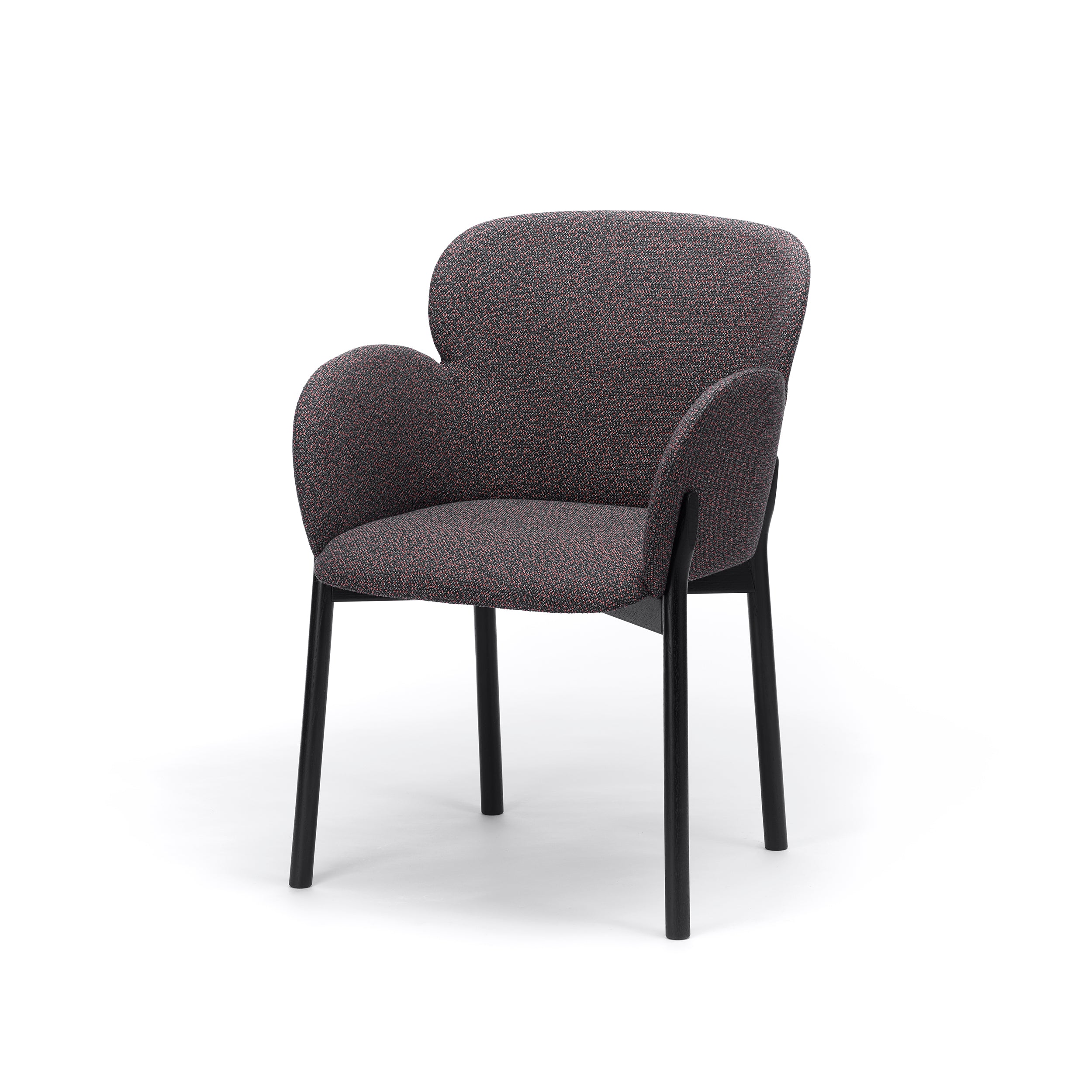 Introducing the Armchair Ginger by TON: a masterpiece of contemporary design featuring rounded armrests, a cushioned backrest in dark gray patterned fabric, and four sleek straight black legs.