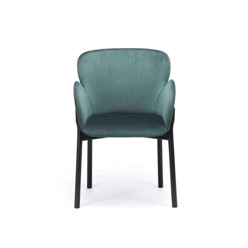 The Armchair Ginger by TON is a modern teal upholstered chair with a simple, elegant design. It features a rounded backrest and armrests, with black legs enhancing its contemporary look. The soft fabric contrasts the sleek frame, providing stylish and comfortable seating for any space.