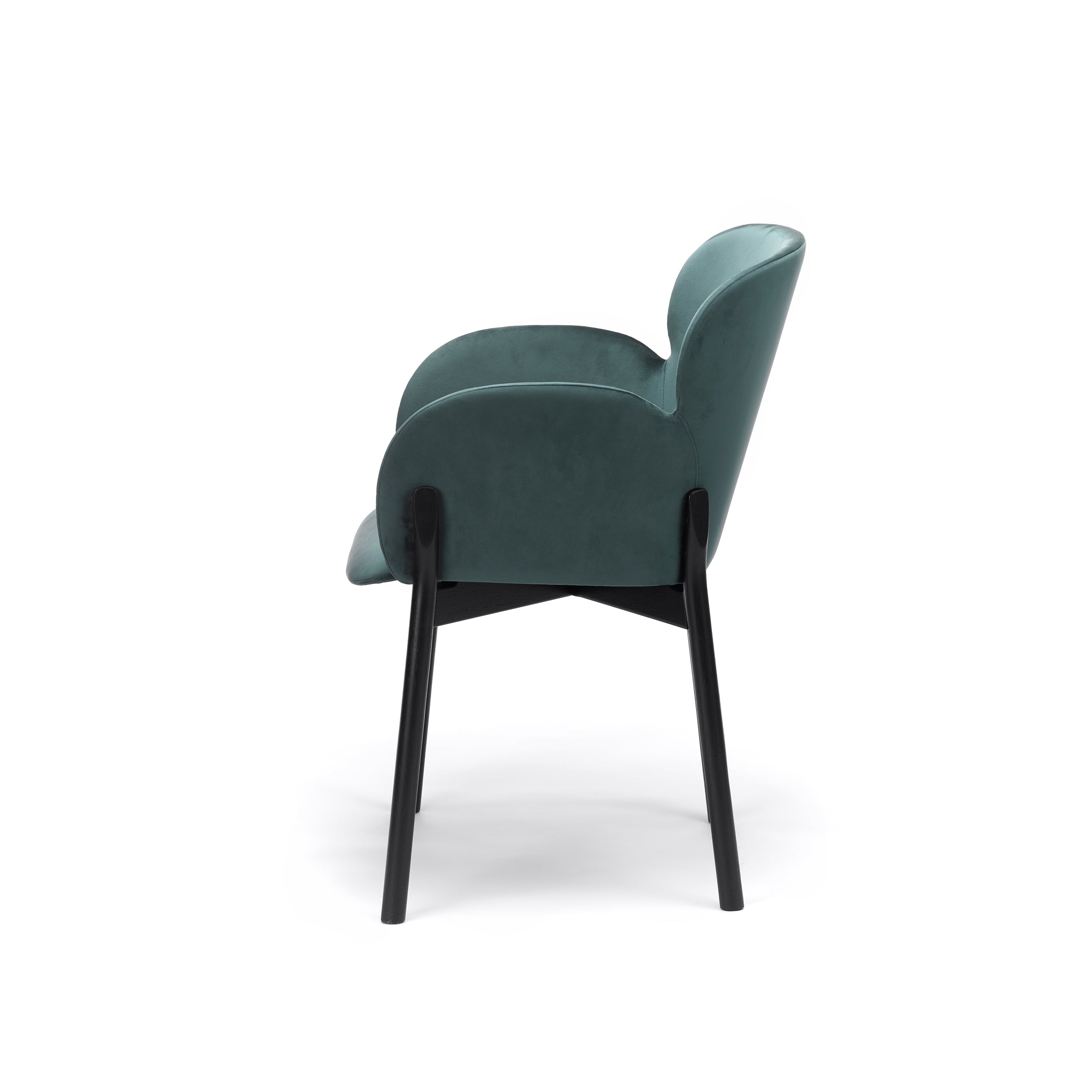 Side view of the Armchair Ginger by TON, featuring teal upholstery and black wooden legs. This chair highlights TONs wood-bending technique with its curved backrest and armrests, creating a sleek, contemporary design.