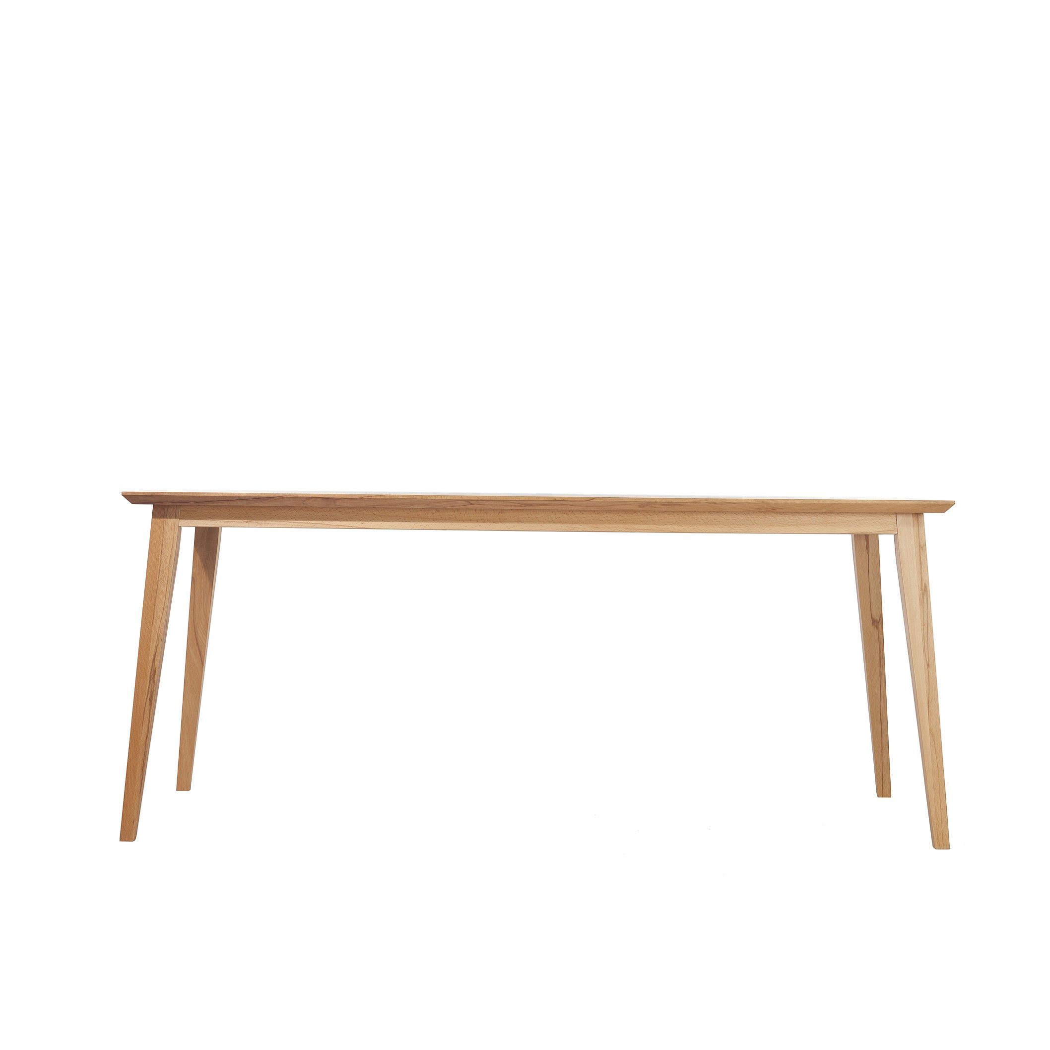 The Jylland Table by TON is a simple, elegant wooden dining table featuring a rectangular top and four straight legs. Embodying Scandinavian design, its crafted from light-colored solid wood and showcased against a plain white background.