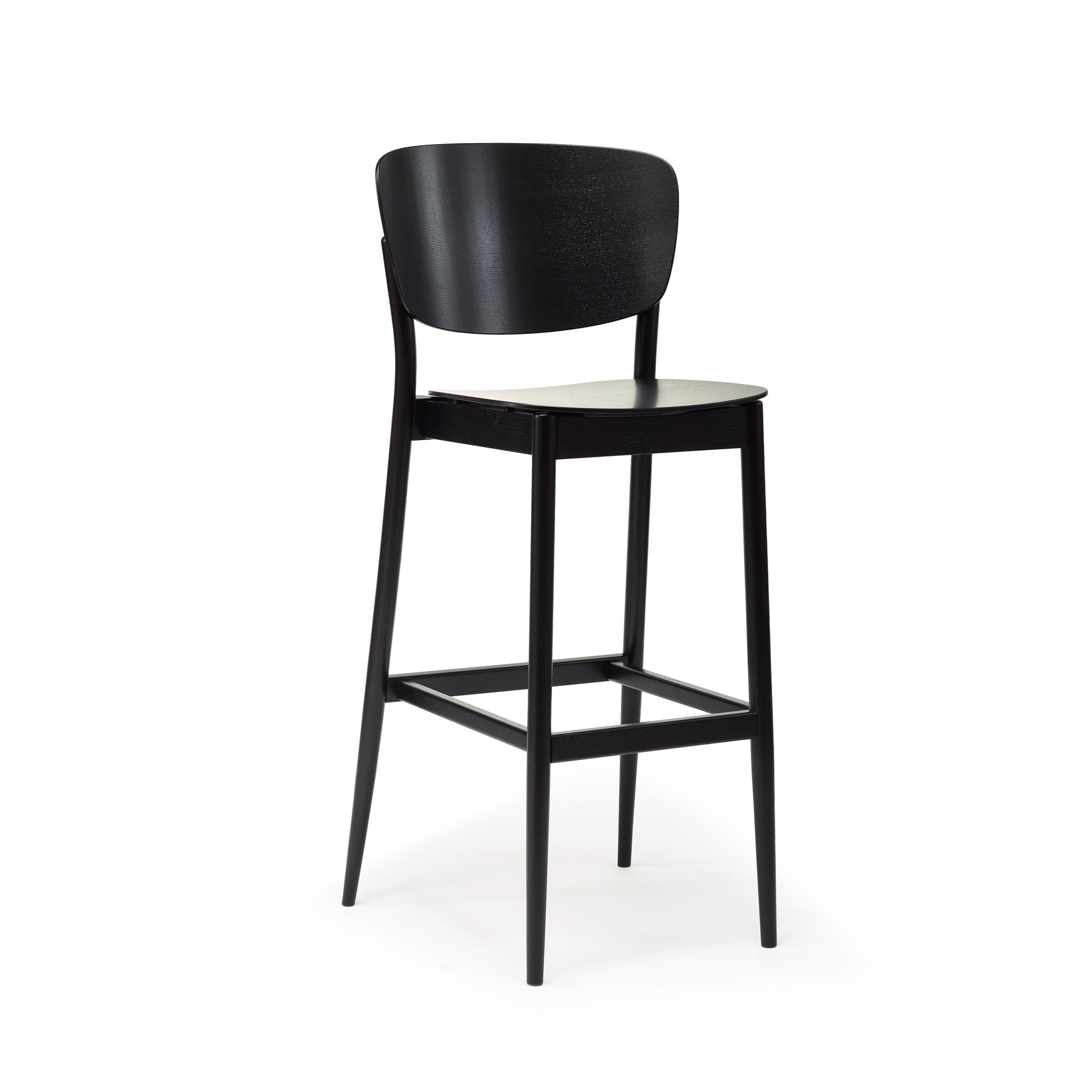 The Barstool Valencia by TON features a sleek, modern design with a curved backrest, four slim legs, and a wooden seat. Its minimalist aesthetic is enhanced by a footrest and barstool height options, making it perfect for contemporary interiors.