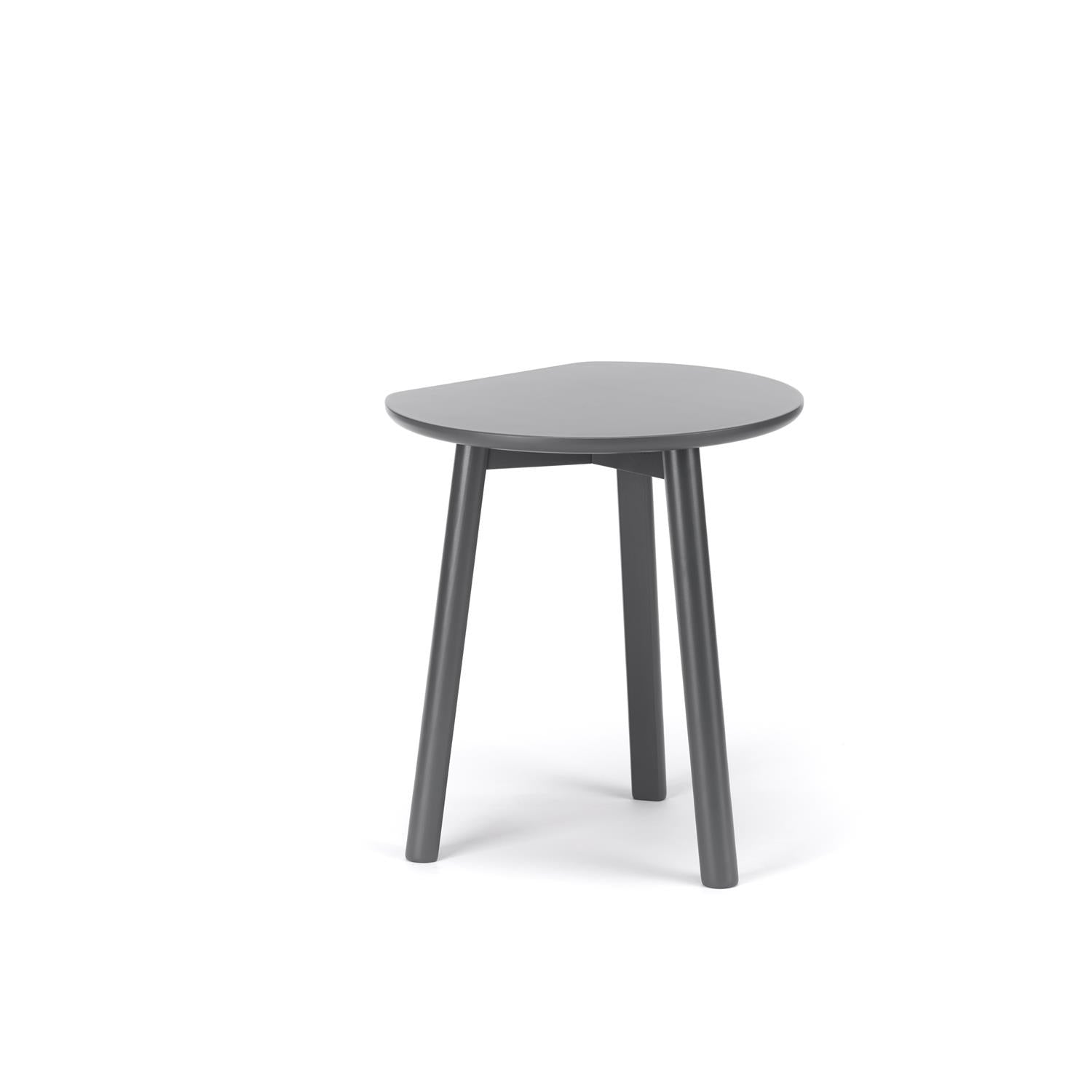 The YYY Coffee Table by TON features a small, modern design with a smooth, gray, asymmetrical top and three straight legs. Crafted from natural oak, its minimalist style gives it a sleek, contemporary look. The table is showcased against a plain white background.