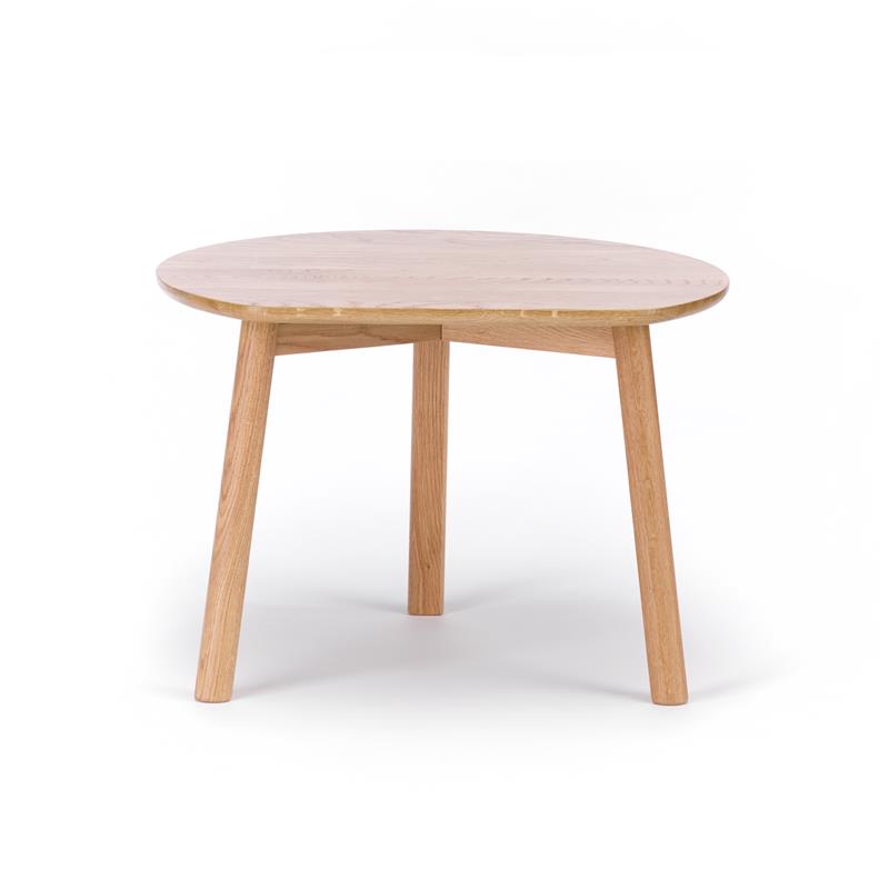 The YYY Coffee Table by TON is a round wooden table with a smooth, light-colored natural oak surface and three angled legs, offering a minimalist and modern design.