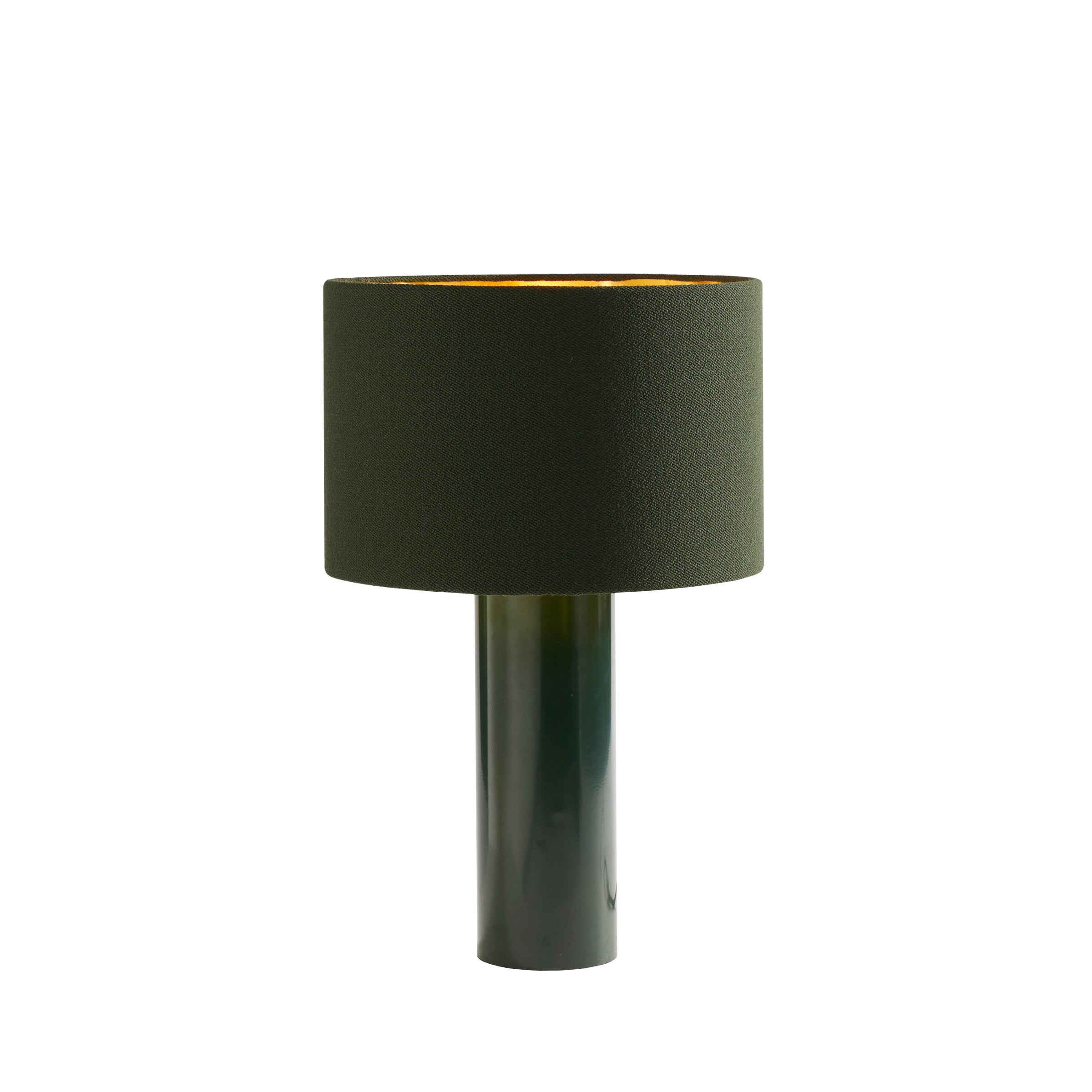 The ALL ROUND Table Lamp by Victor Foxtrot features a cylindrical, powder-coated steel base with a glossy green finish and a matching textured wool fabric lampshade, elegantly highlighted against a plain white background for a sophisticated and stylish look.