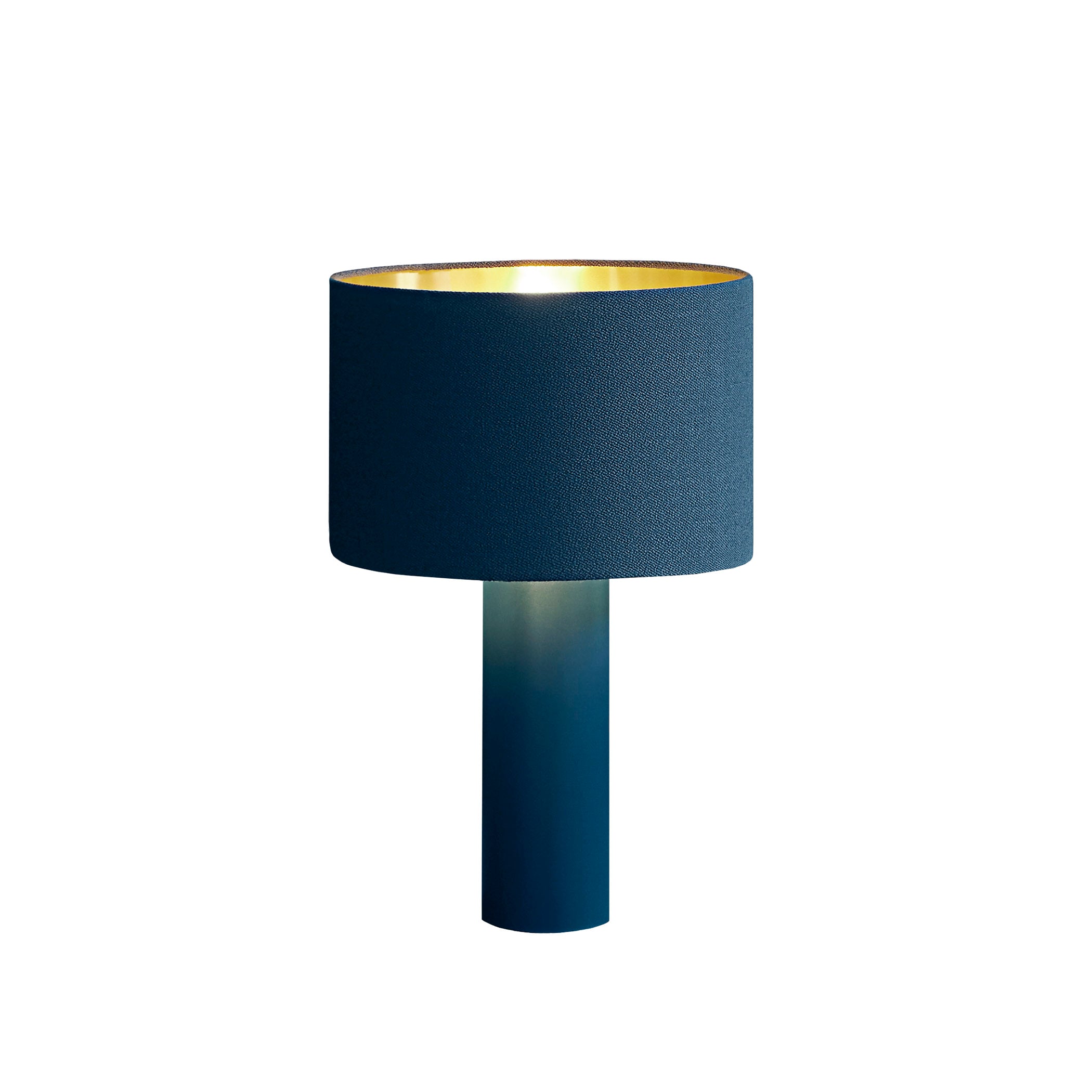 The ALL ROUND Table Lamp by Victor Foxtrot features a powder-coated steel base and a dark blue round wool fabric shade with an inner gold lining for a warm glow, complementing its sleek minimalist design.