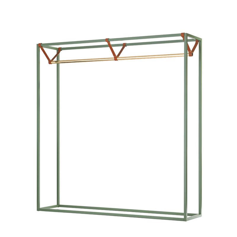 The LESS MESS Coat Stand by Victor Foxtrot is a minimalist green metal clothing rack with vegetable-tanned leather strap accents, featuring a single polished brass hanging rod. Its open, rectangular powder-coated steel frame is perfect for modern and stylish storage solutions.