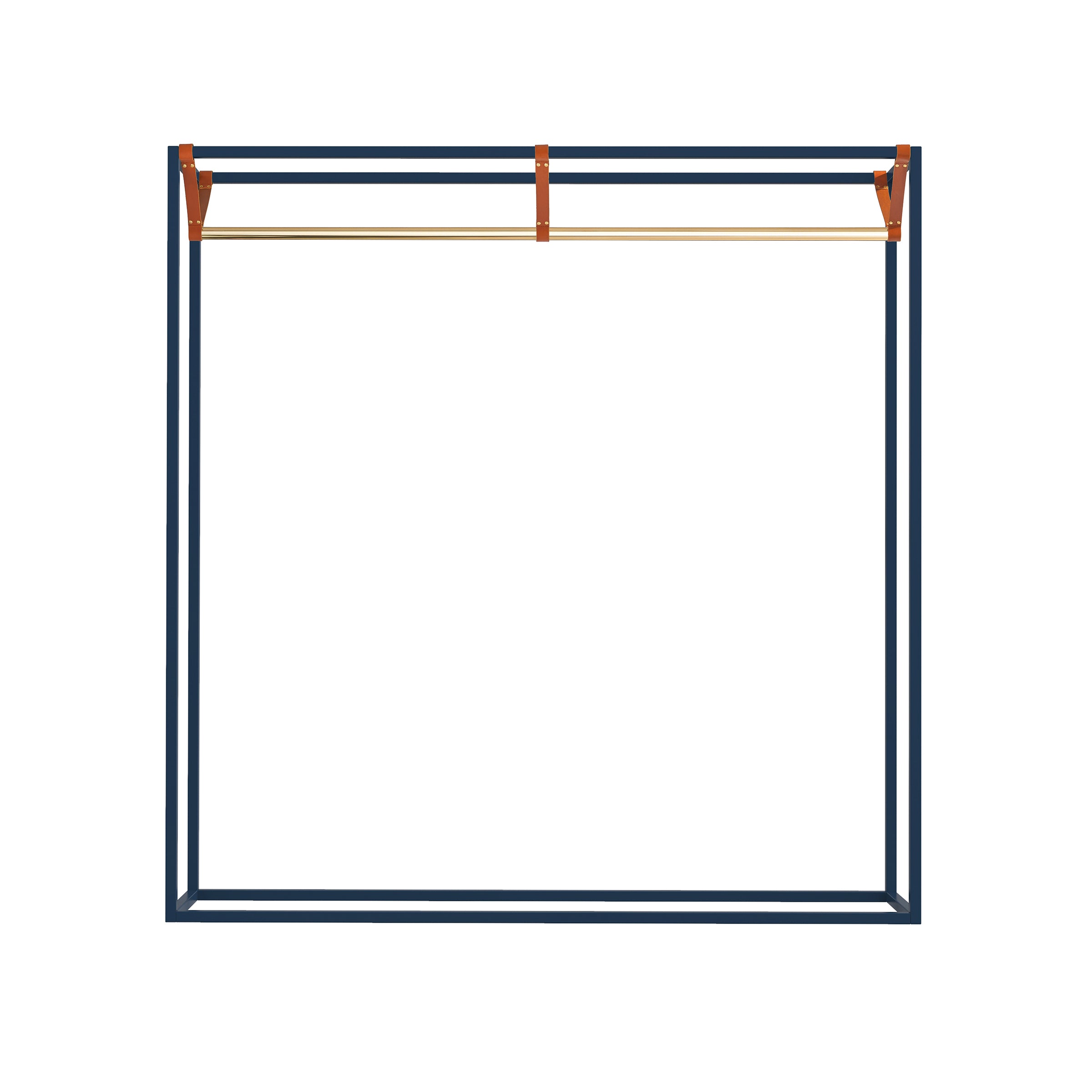 The LESS MESS Coat Stand by Victor Foxtrot showcases a minimalist design with a sleek black powder-coated steel frame, a polished brass rod, and vegetable tanned leather straps set against a white background.