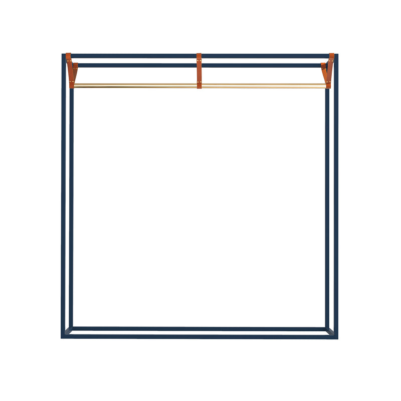 The LESS MESS Coat Stand by Victor Foxtrot showcases a minimalist design with a sleek black powder-coated steel frame, a polished brass rod, and vegetable tanned leather straps set against a white background.