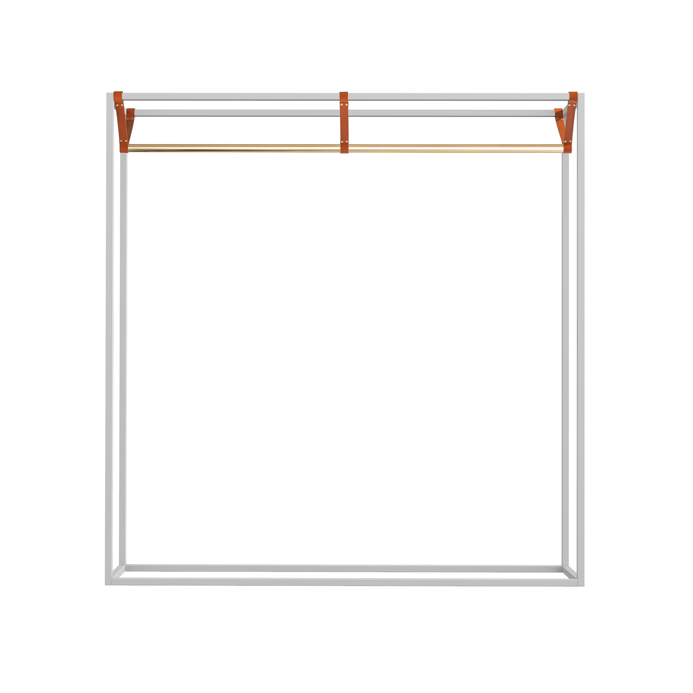 The LESS MESS Coat Stand by Victor Foxtrot features a minimalist design with vegetable-tanned leather straps, a polished brass rod, and an elegant white square frame.