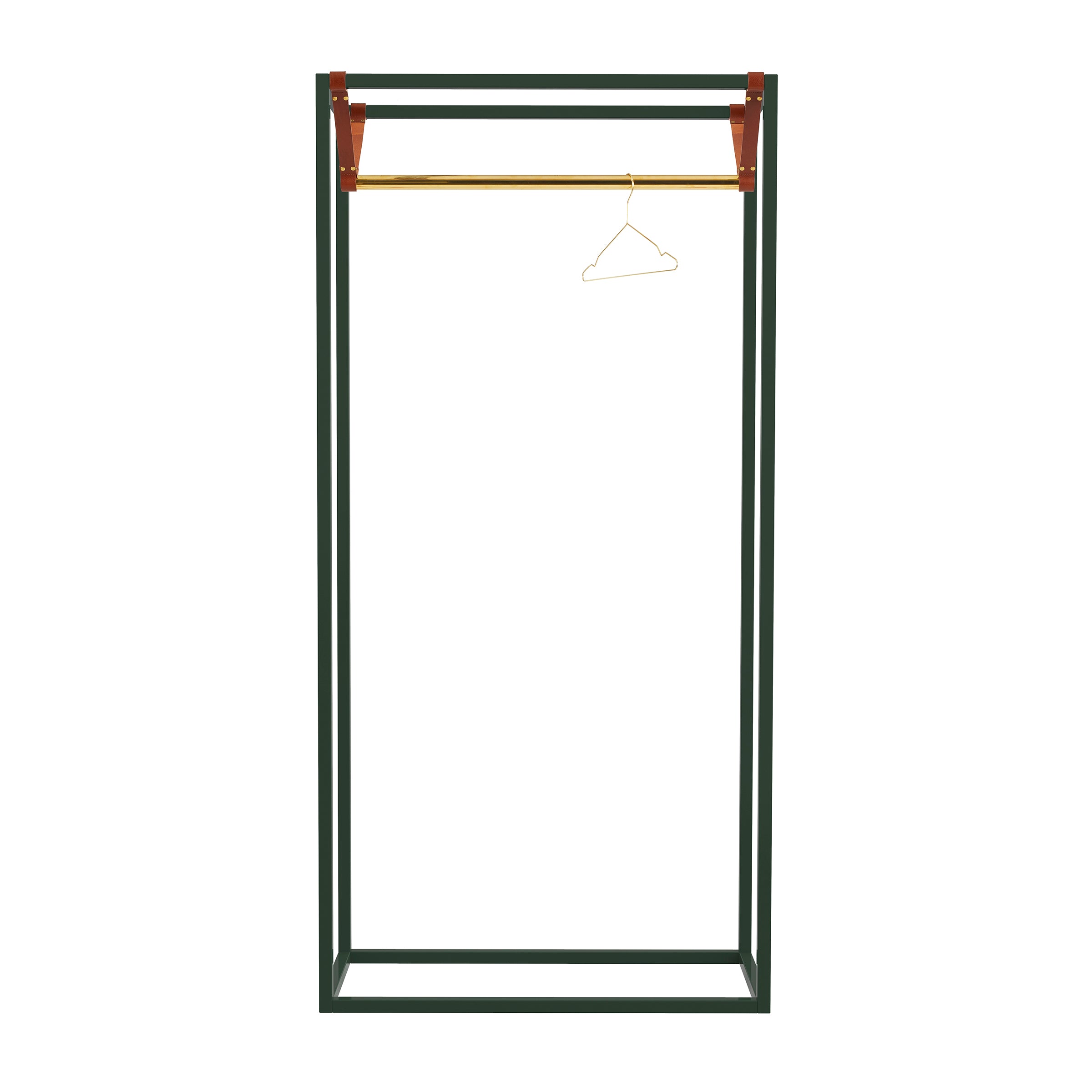 The Victor Foxtrot LESS MESS Coat Stand is a minimalist freestanding wardrobe with a dark green powder-coated steel frame, wooden shelf, and polished brass rail. A single wire hanger rests elegantly on the rail, highlighting its simple yet sophisticated design.