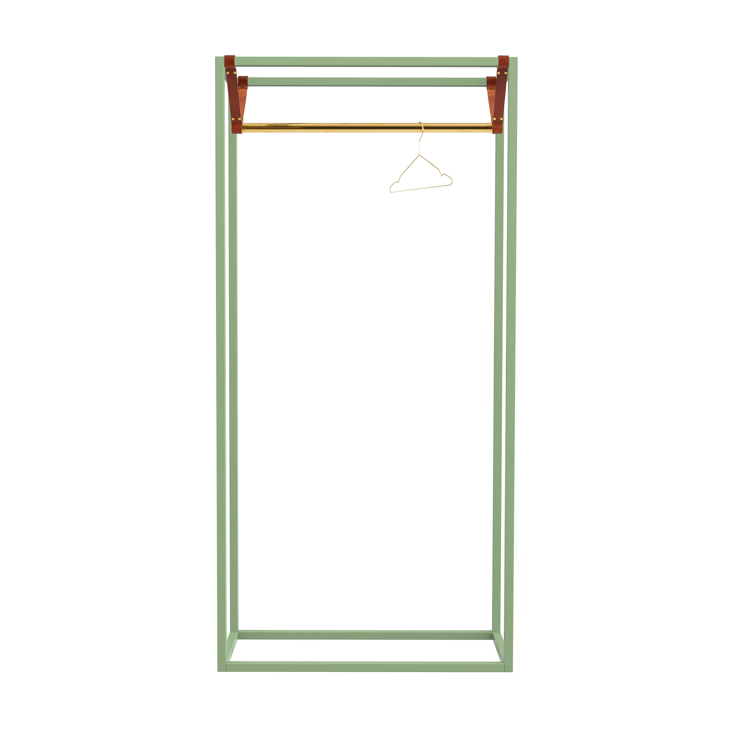 The LESS MESS Coat Stand by Victor Foxtrot is a green open-frame clothing rack made from powder-coated steel, featuring a polished brass rod and a single wire hanger. It has wooden accents on the top corners, blending minimalistic functionality with modern aesthetics.