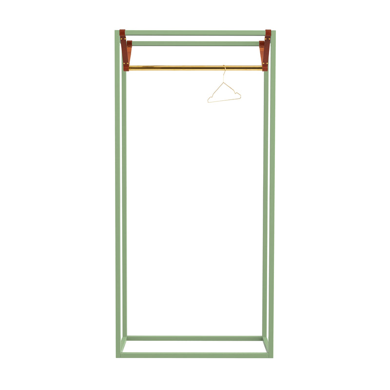 The LESS MESS Coat Stand by Victor Foxtrot is a green open-frame clothing rack made from powder-coated steel, featuring a polished brass rod and a single wire hanger. It has wooden accents on the top corners, blending minimalistic functionality with modern aesthetics.