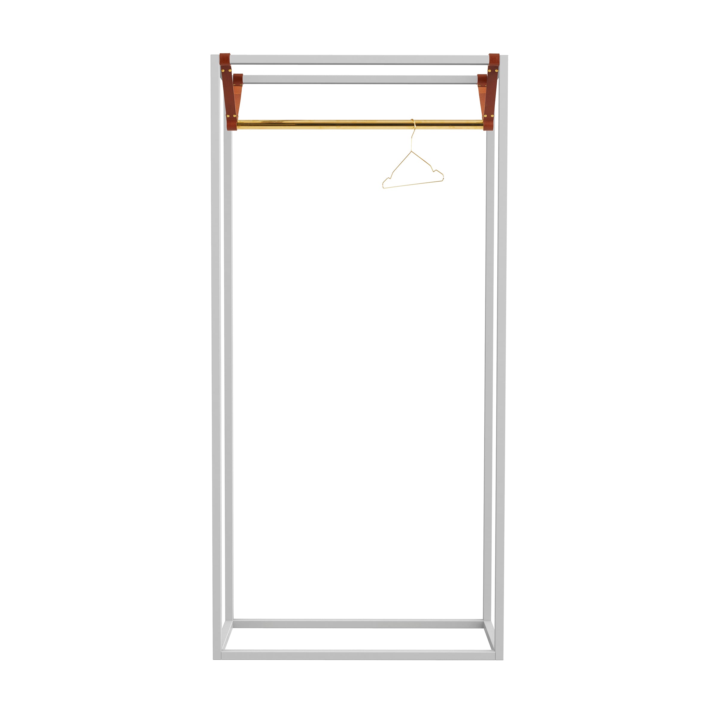 The Victor Foxtrot LESS MESS Coat Stand is a minimalist open wardrobe with a powder-coated steel frame and wooden accents. It features a single polished brass hanging rod and one empty wire hanger, offering a simple, modern design.