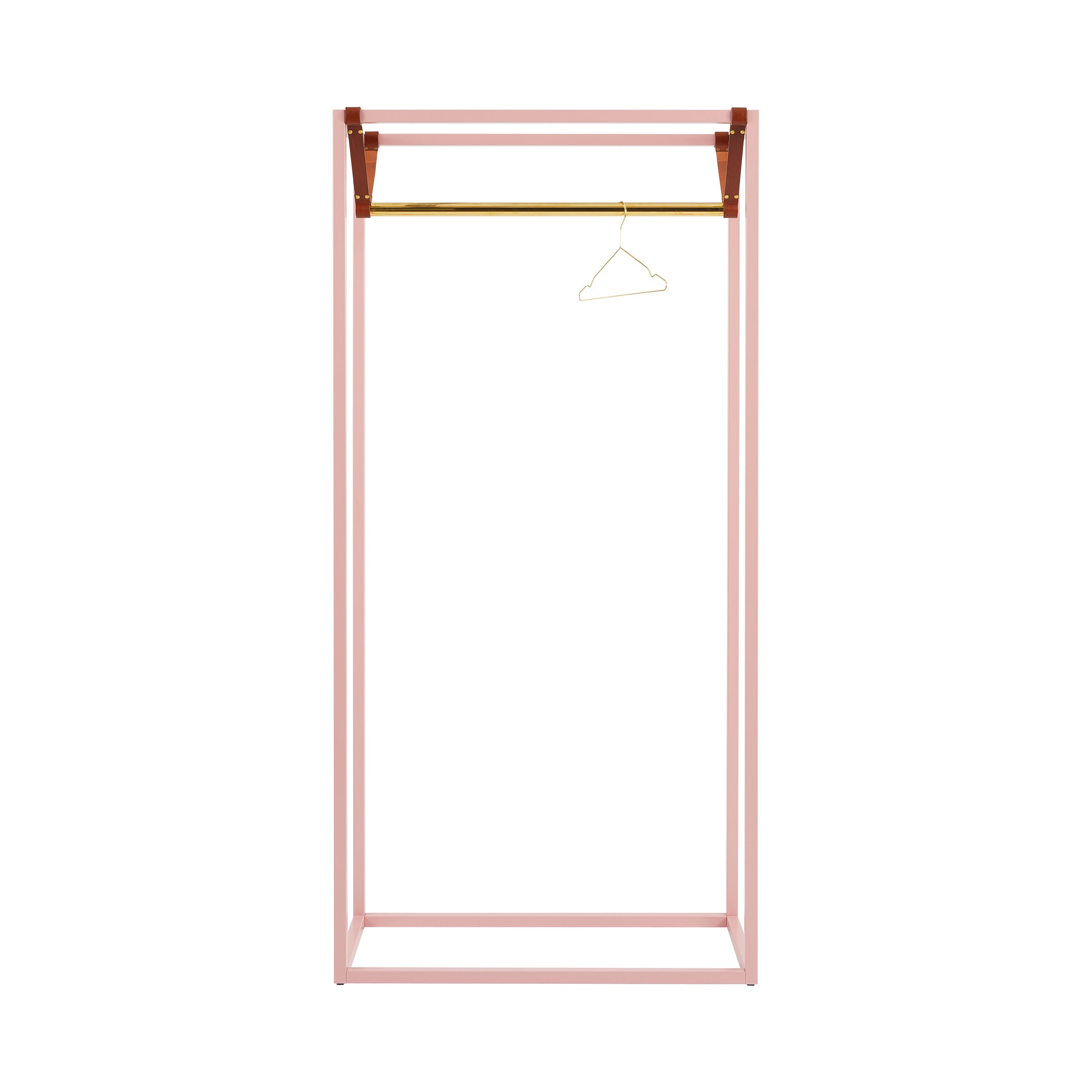 The Victor Foxtrot LESS MESS Coat Stand is a minimalist freestanding pink metal clothing rack made from powder-coated steel, featuring a polished brass hanger on a wooden rod.