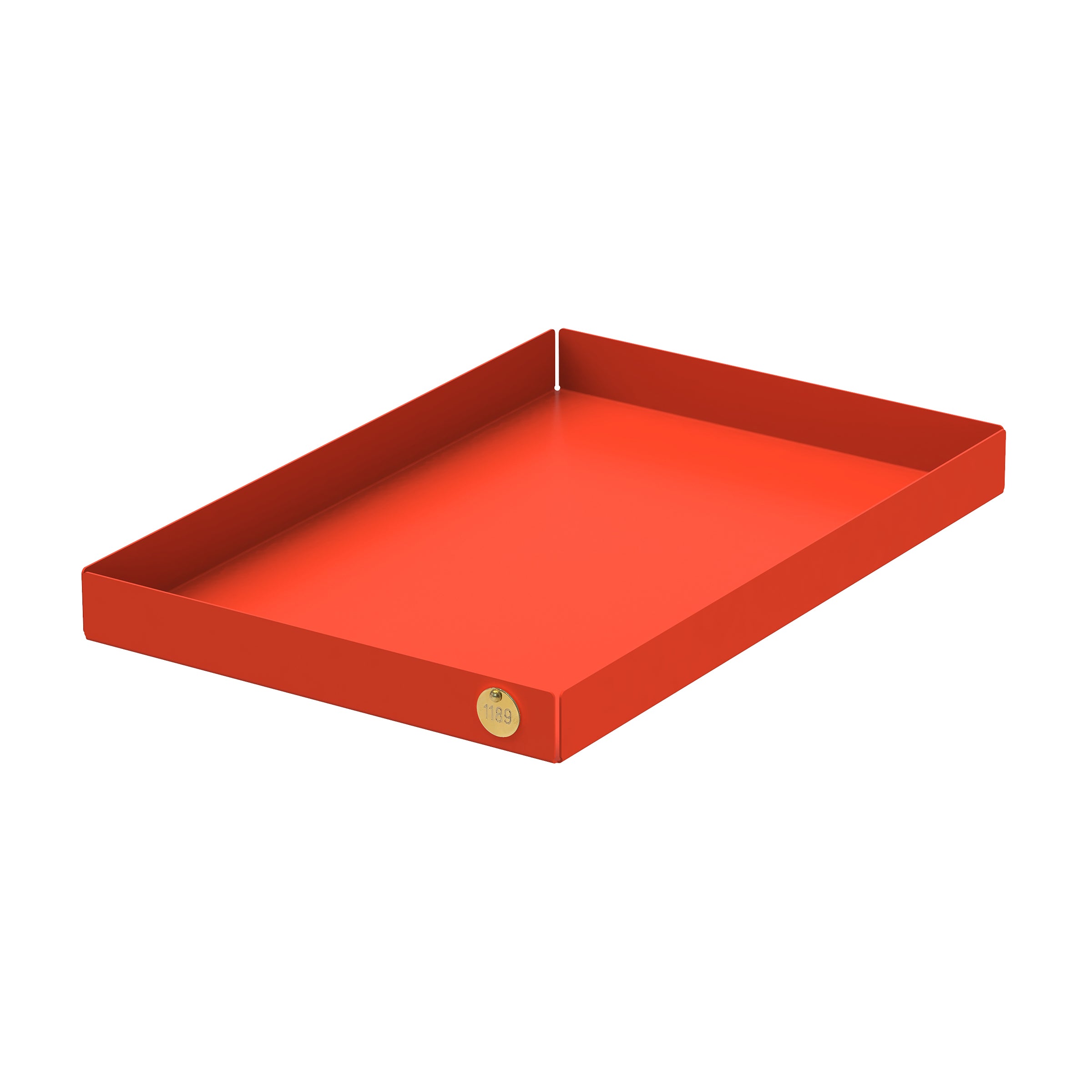 The POI Tray L by Victor Foxtrot, a rectangular orange tray made of powder-coated steel with raised edges, is displayed against a white background, featuring a small circular sticker labeled 18 in one corner for added charm.