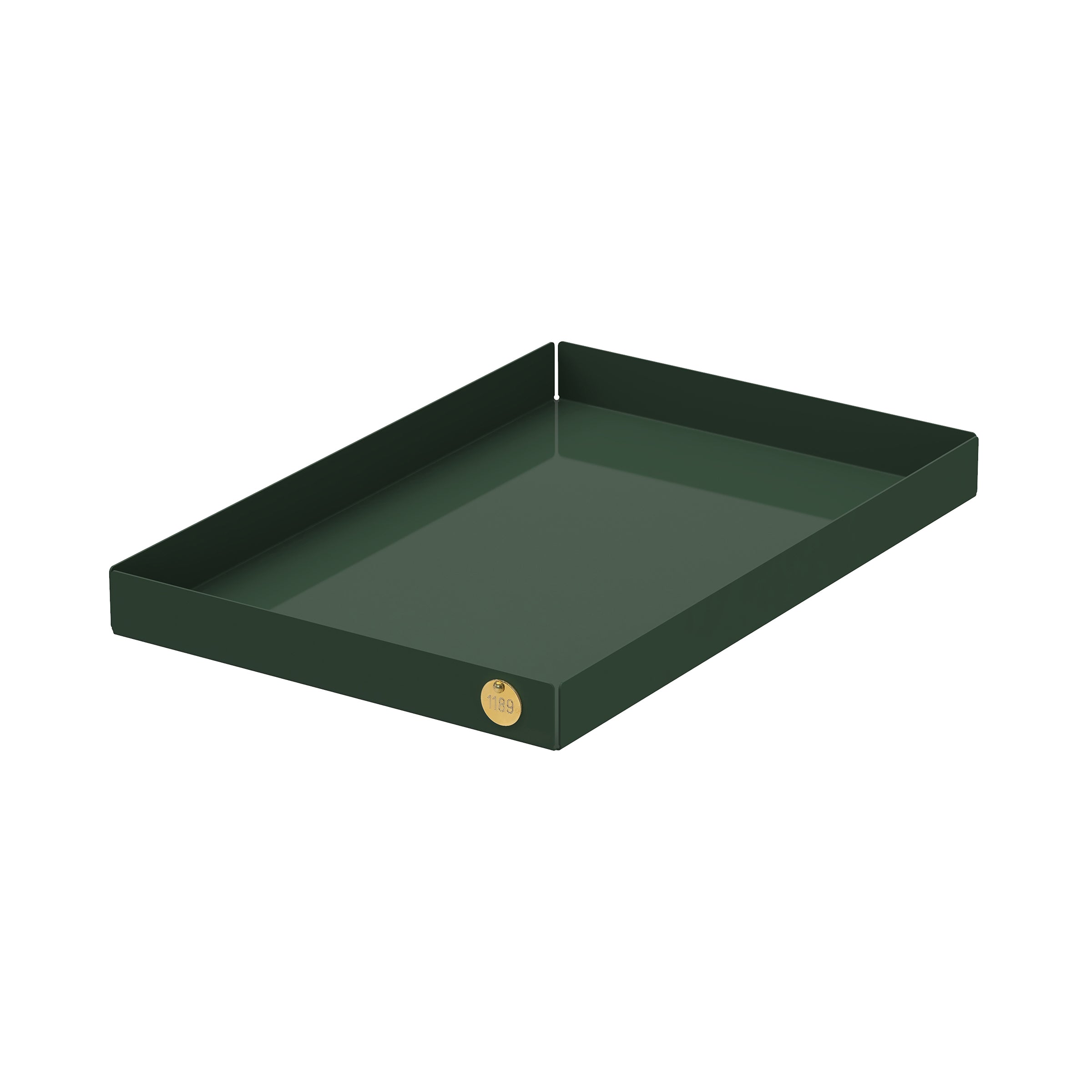 The POI Tray L by Victor Foxtrot is a rectangular dark green tray made from powder-coated steel. It has a raised edge and a small round brass-colored label, highlighting Victor Foxtrots sleek elegance, against a plain white background.