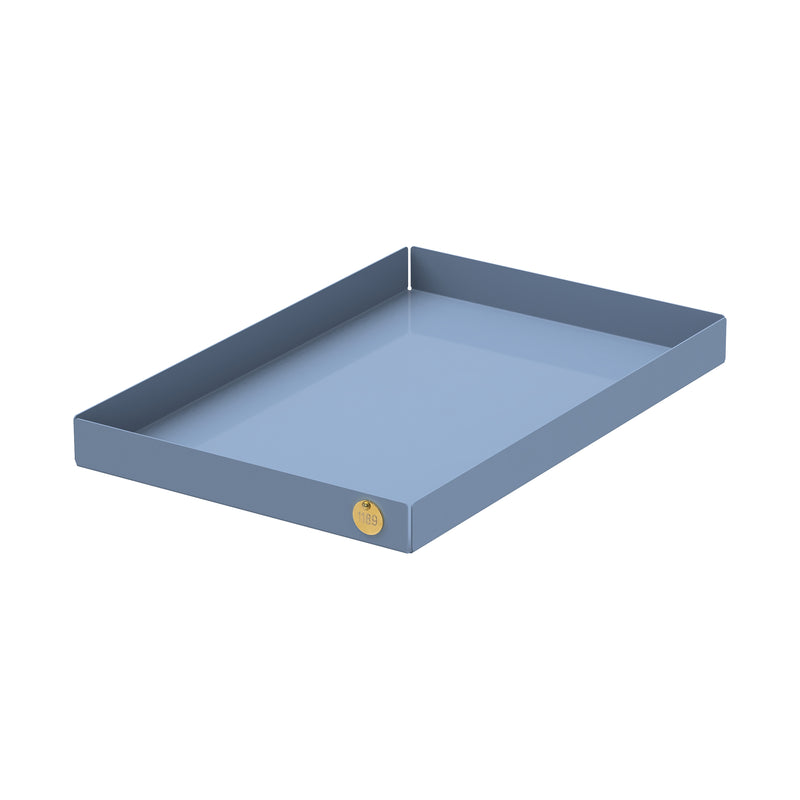 A rectangular, blue POI Tray L by Victor Foxtrot features raised edges, a round gold 118 sticker in the bottom right corner, and is crafted from powder-coated steel with a glossy finish that gleams against a white background.
