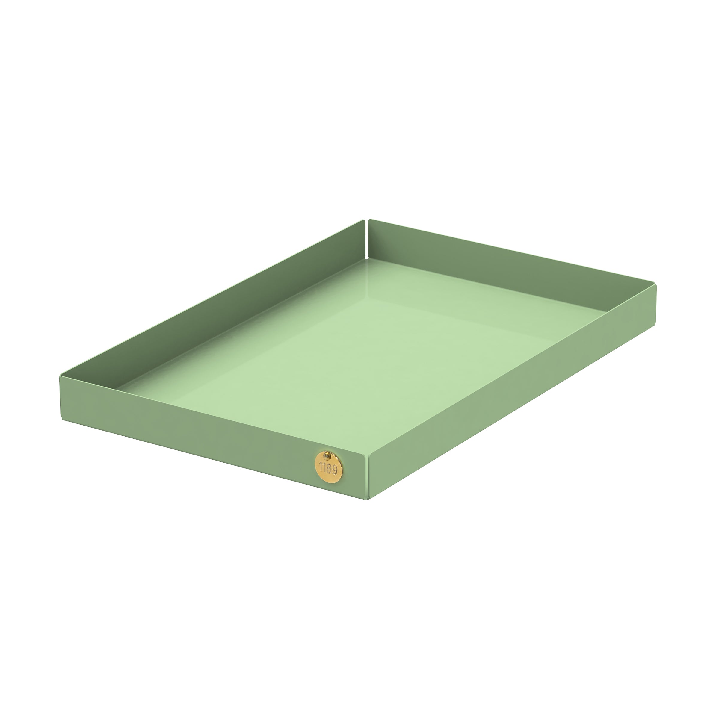 The POI Tray L by Victor Foxtrot is a rectangular mint green storage tray made from powder-coated steel, featuring raised edges and a small round gold brand sticker in one corner, set on a crisp white background.