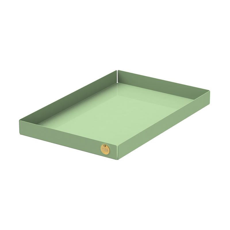 The POI Tray L by Victor Foxtrot is a rectangular mint green storage tray made from powder-coated steel, featuring raised edges and a small round gold brand sticker in one corner, set on a crisp white background.